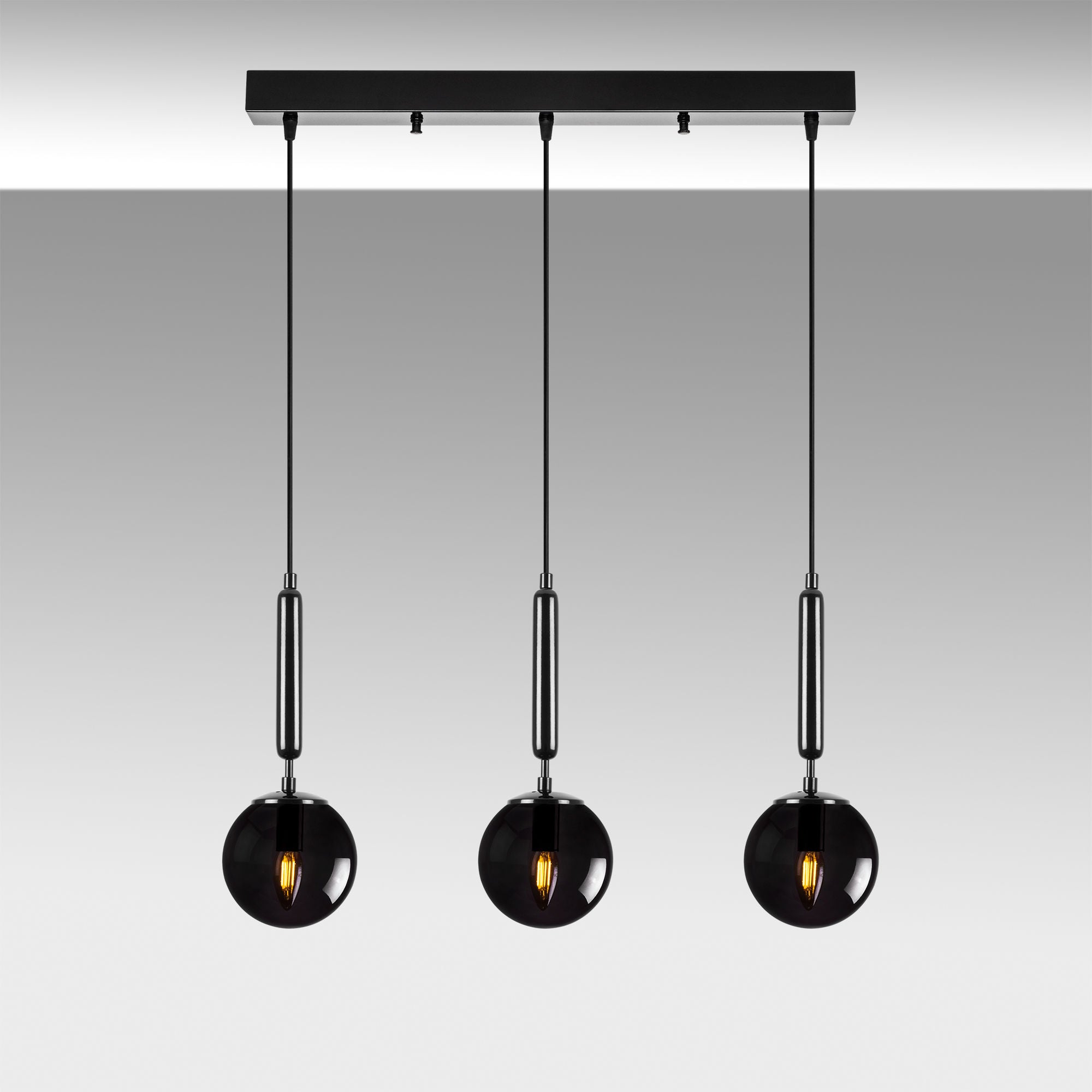 Candeeiro de Teto preto moderno, corpo de metal, altura ajustável, 62 x 15 x 134 cm | Tampa de vidro (15 cm) | 3 x E14 máx. 40 W | Design industrial e escandinavo elegante