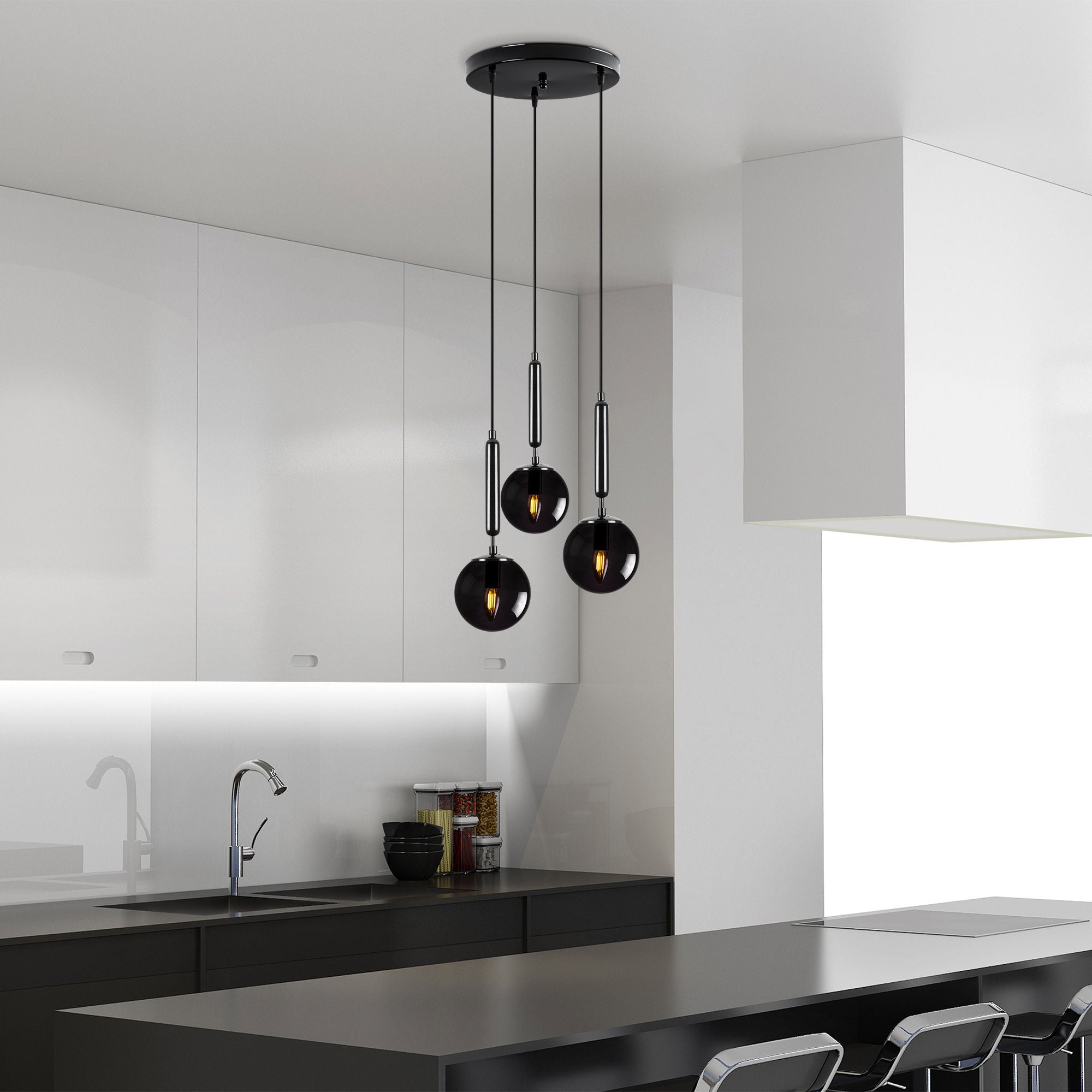 Candeeiro de Teto preto moderno, corpo de metal, altura ajustável, 34 x 34 x 134 cm | 3 soquetes E14, IP20 | Design industrial e escandinavo elegante para decoração de casa