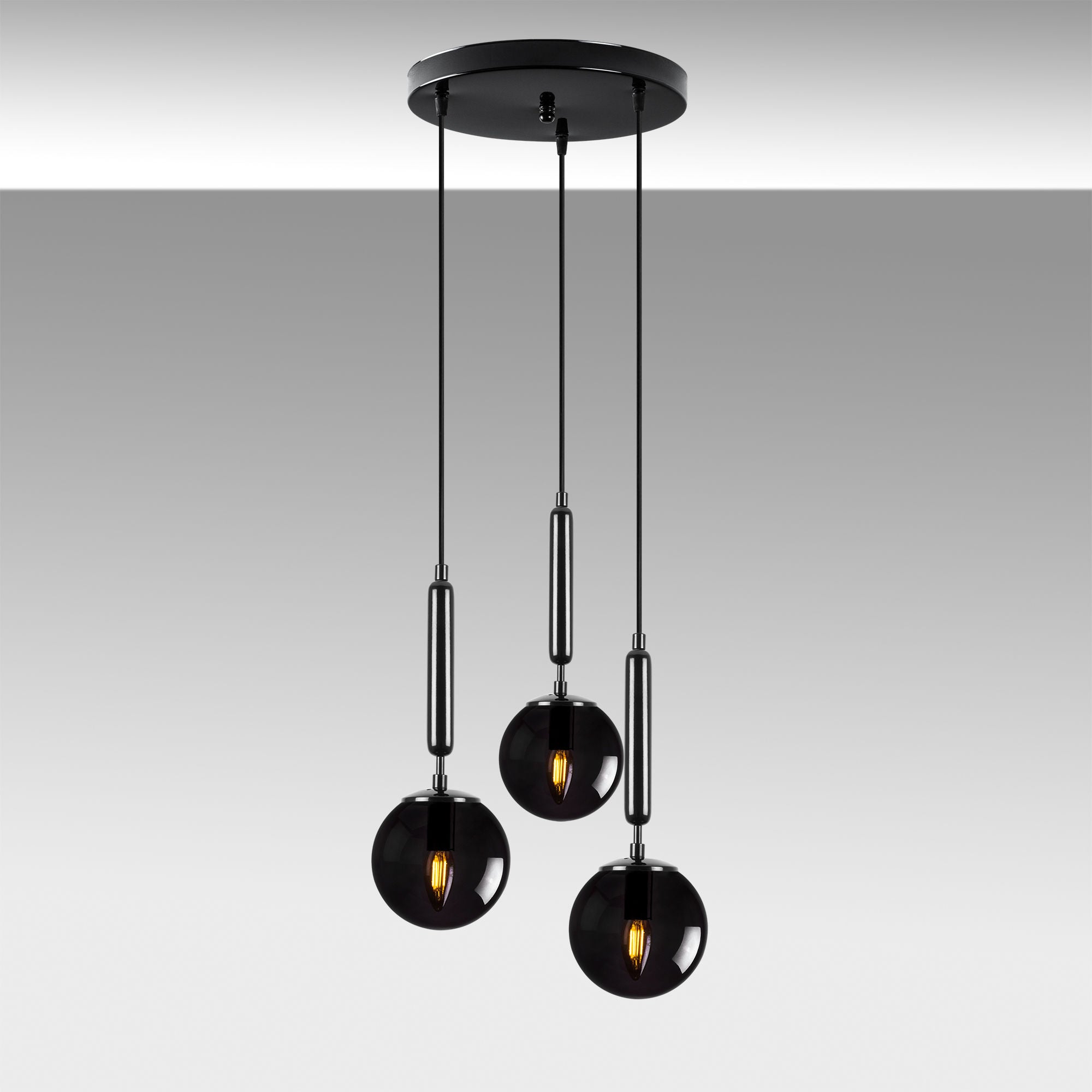Candeeiro de Teto preto moderno, corpo de metal, altura ajustável, 34 x 34 x 134 cm | 3 soquetes E14, IP20 | Design industrial e escandinavo elegante para decoração de casa