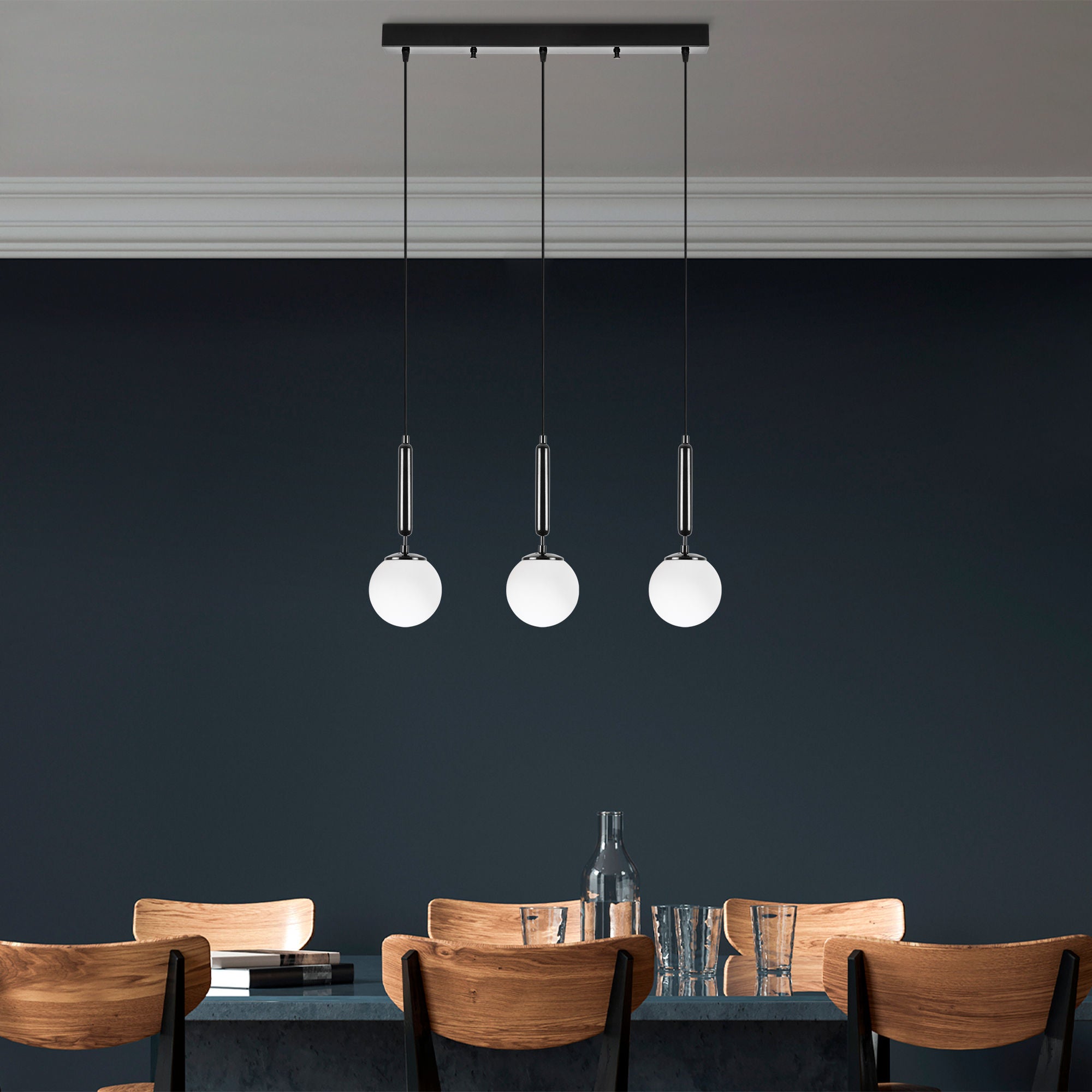 Candeeiro de Teto Industrial Moderno, Preto e Branco, 62 x 15 x 134 cm | Corpo em Metal, Tampa de Vidro, Altura Ajustável, 3 Soquetes E14 | Design Escandinavo Elegante