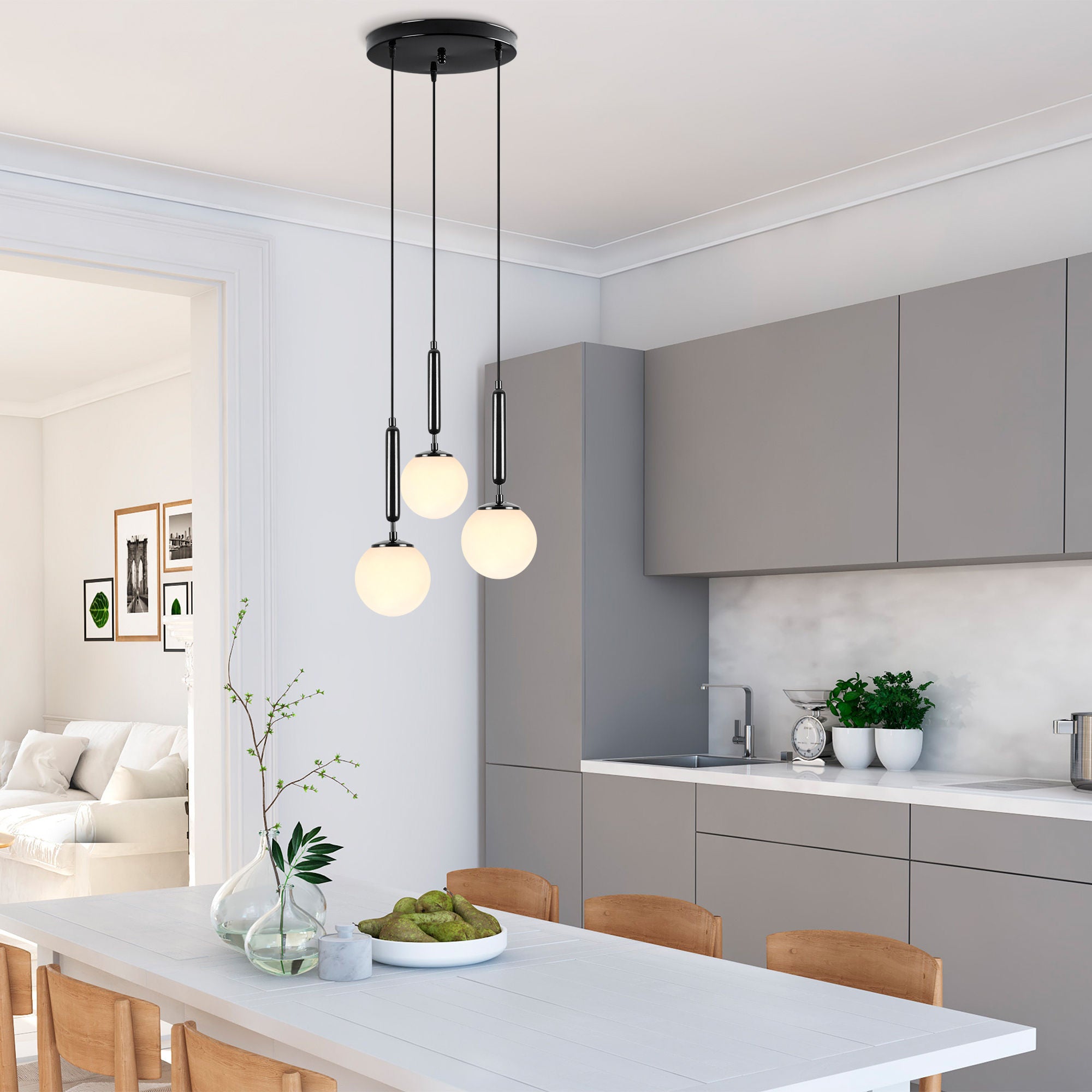 Candeeiro de Teto Industrial Moderno, Preto e Branco, 34 x 34 x 134 cm | Corpo em Metal, Tampa de Vidro, Altura Ajustável, 3 Soquetes E14 | Iluminação Elegante para Casa e Escritório