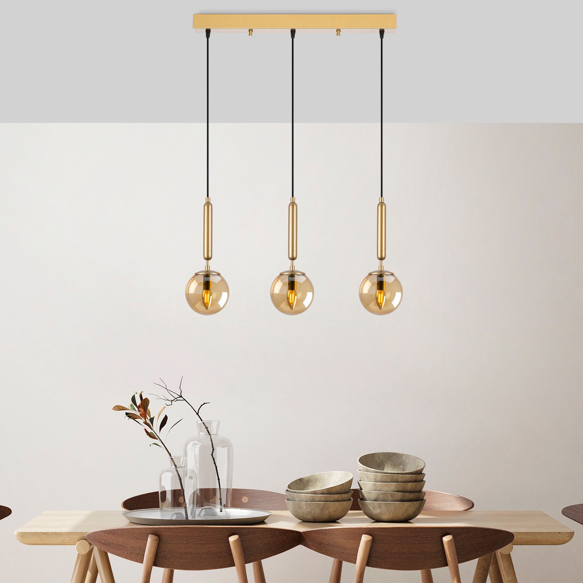 Candeeiro de Teto elegante dourado, corpo de metal, altura ajustável, 62 x 15 x 134 cm | 3 x E14 máx. 40 W | Design escandinavo moderno, perfeito para espaços glamorosos