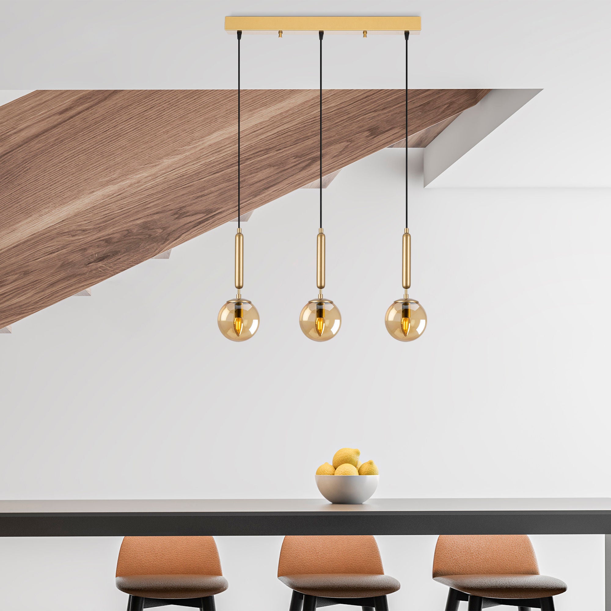 Candeeiro de Teto elegante dourado, corpo de metal, altura ajustável, 62 x 15 x 134 cm | 3 x E14 máx. 40 W | Design escandinavo moderno, perfeito para espaços glamorosos