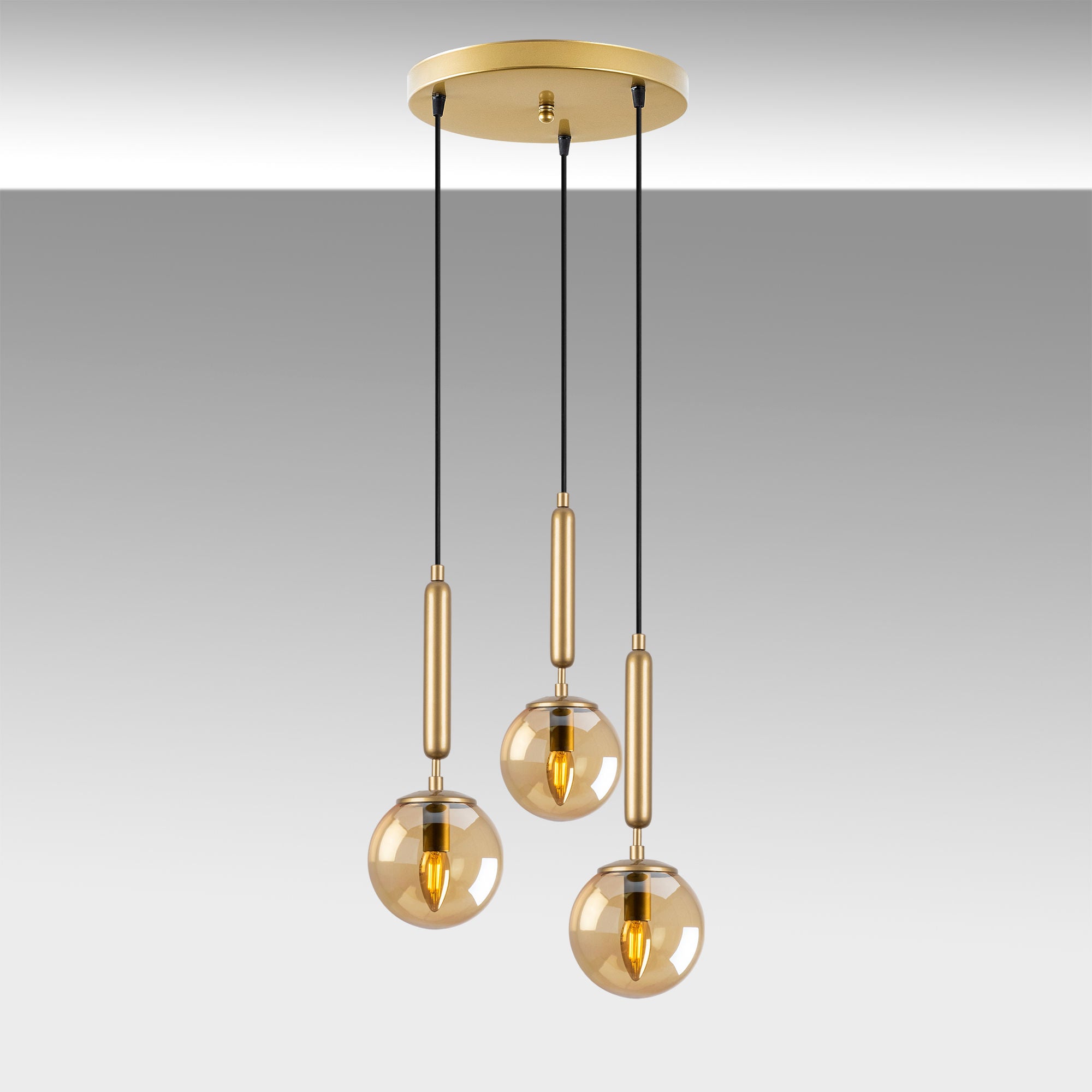 Candeeiro de Teto Dourado Elegante, Corpo em Metal, 34 x 34 x 134 cm | Altura Ajustável, 3 x E14 Máx. 40 W | Design Escandinavo Moderno, Perfeito para Espaços Glamourosos