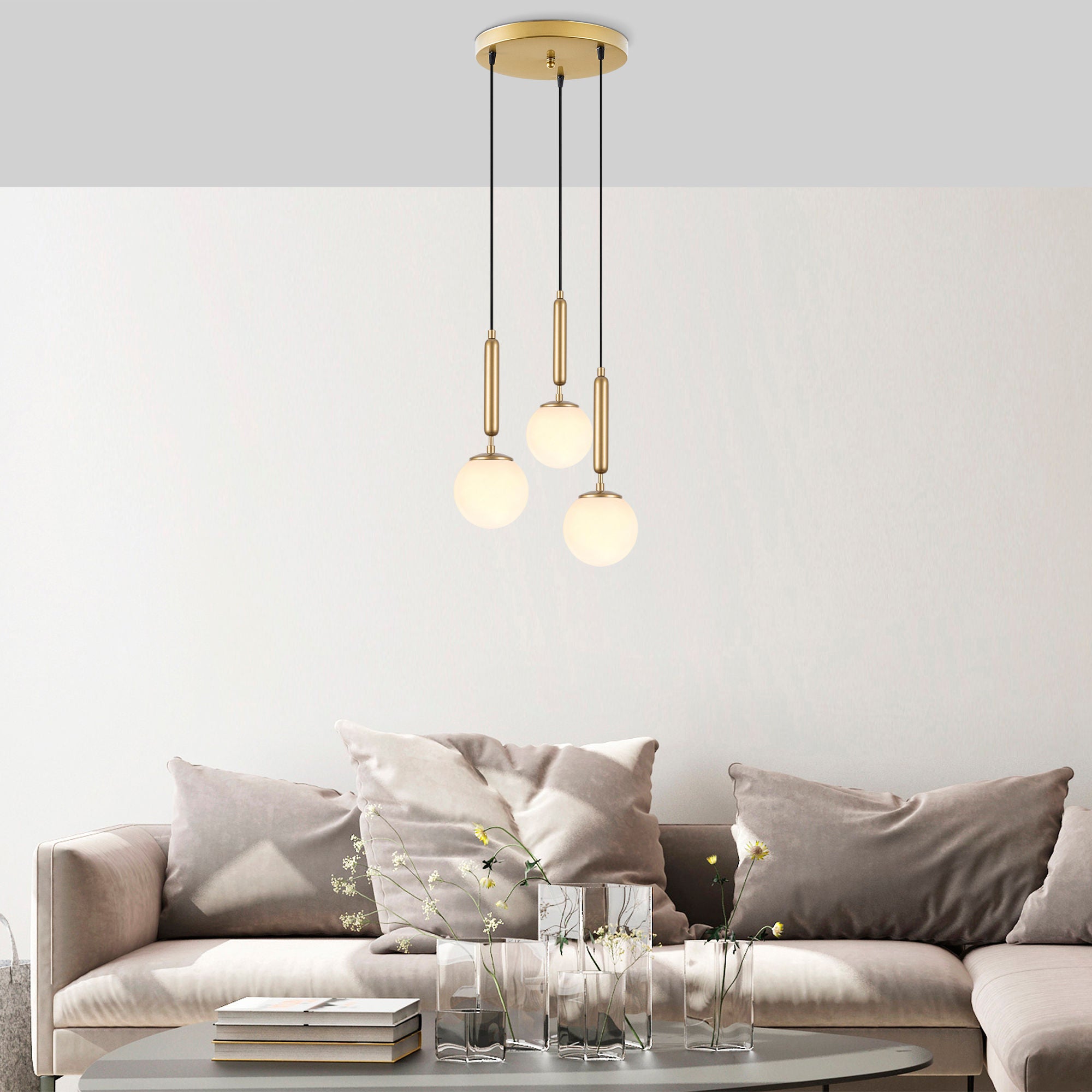 Candeeiro de Teto Dourado Elegante, Corpo em Metal, 34 x 34 x 134 cm | Altura Ajustável, 3 x E14 Máx. 40 W | Design Escandinavo Moderno, Perfeito para Espaços Glamourosos
