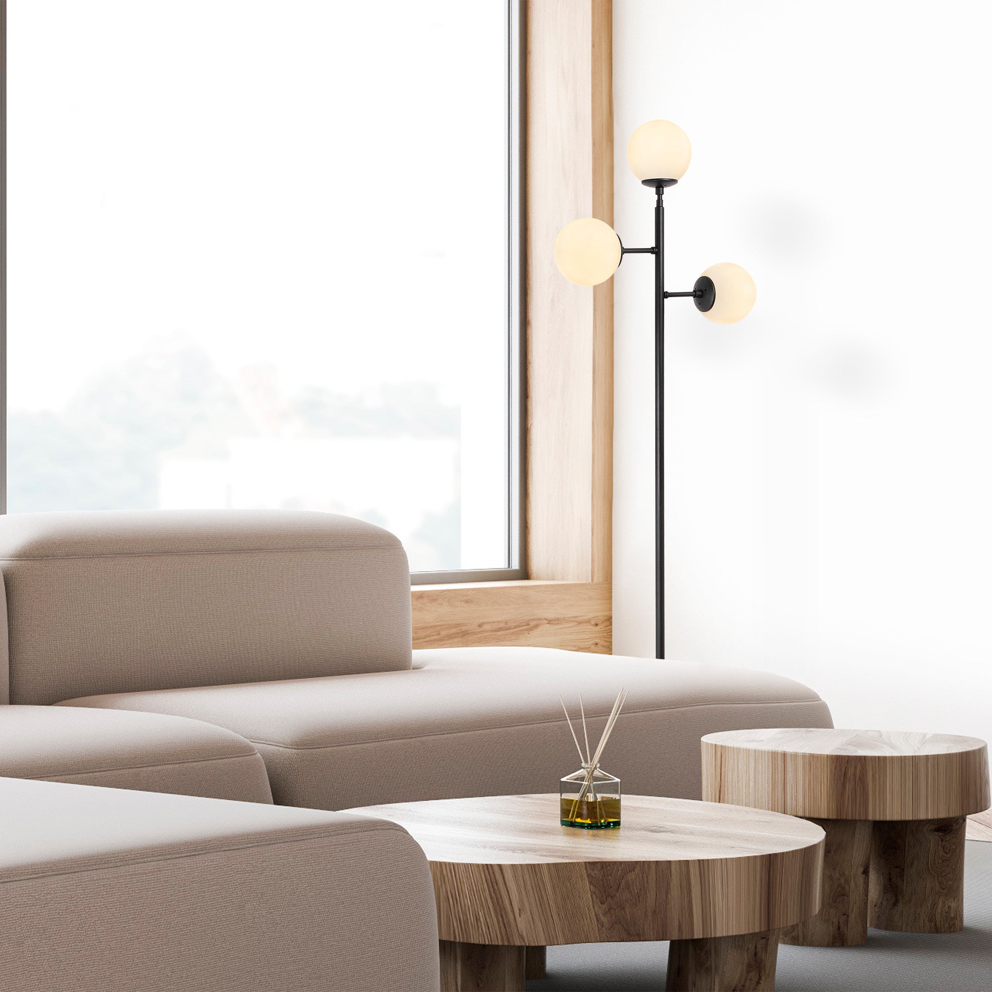 Candeeiro de Pé Moderna, Preta e Branca, 163 cm de Altura | Corpo e Base de Metal, Tampa de Vidro, IP20, 3 Soquetes E14 | Design Industrial e Escandinavo Elegante
