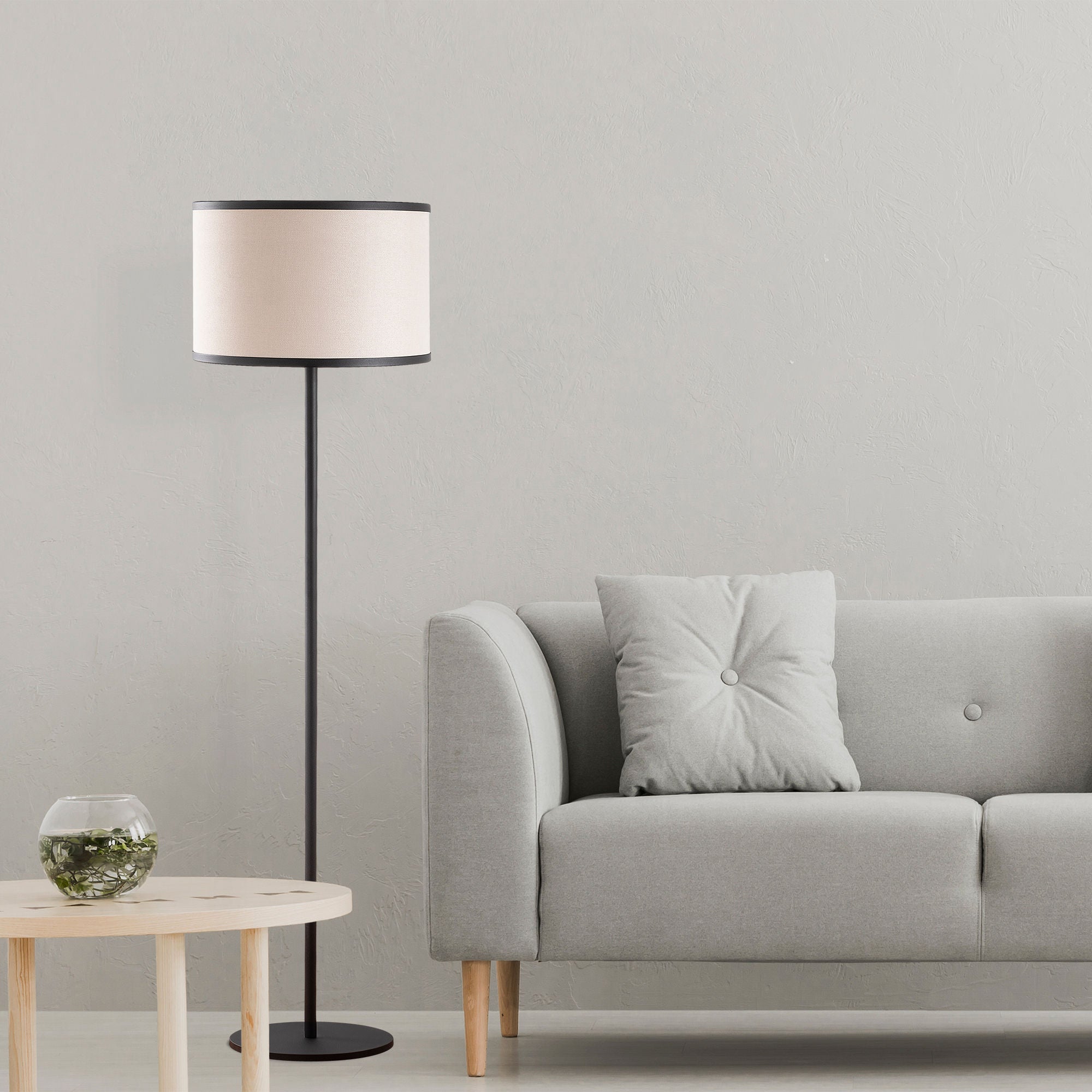 Candeeiro de Pé moderna com corpo de metal e base de tecido, 40 x 40 x 156 cm, design preto e branco, soquete E27, perfeita para decoração escandinava e de hotéis