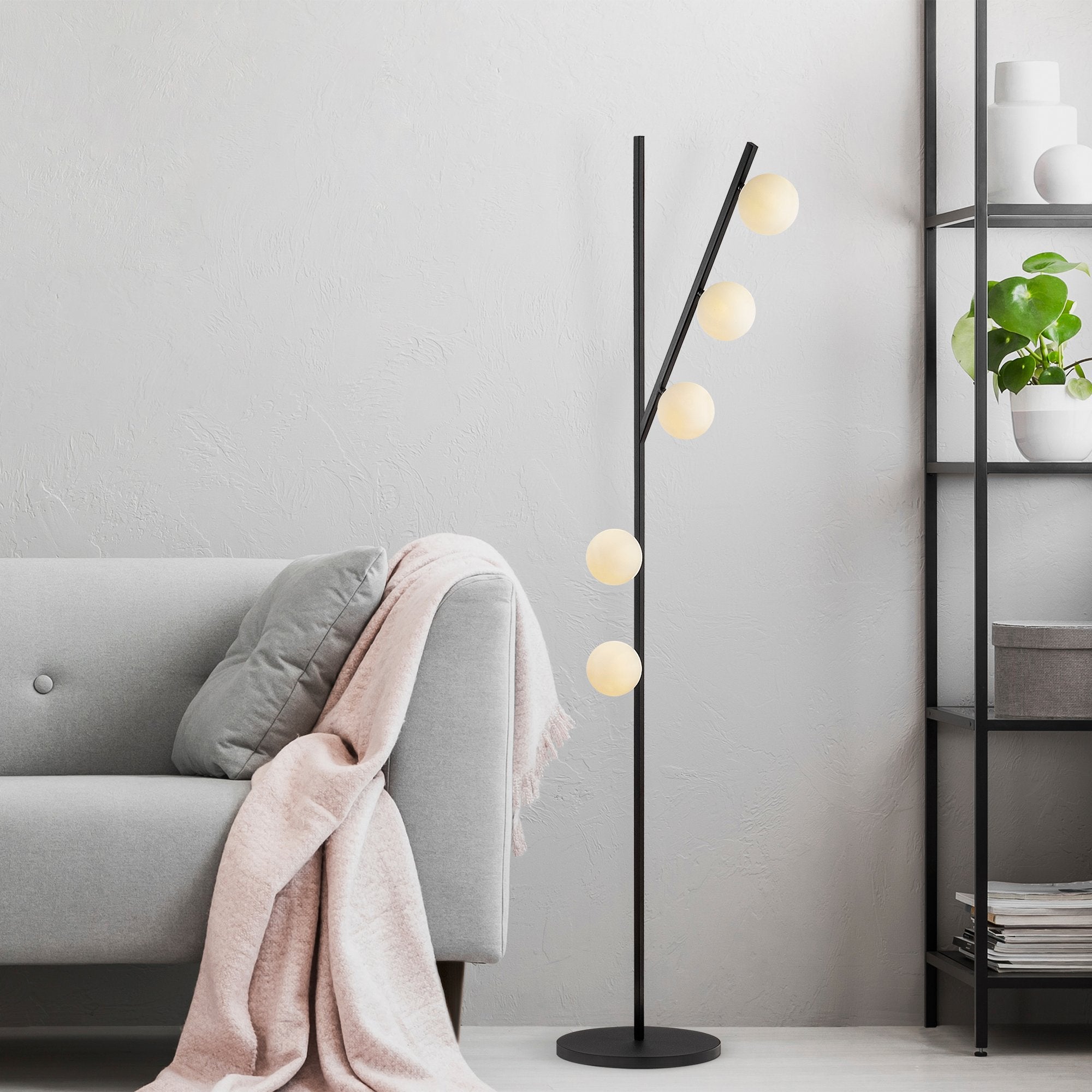Candeeiro de Pé moderna com corpo de metal e tampa de vidro, preta e creme, 31 x 52 x 167 cm | 5 soquetes G9, cabo de 200 cm | Design industrial e escandinavo elegante