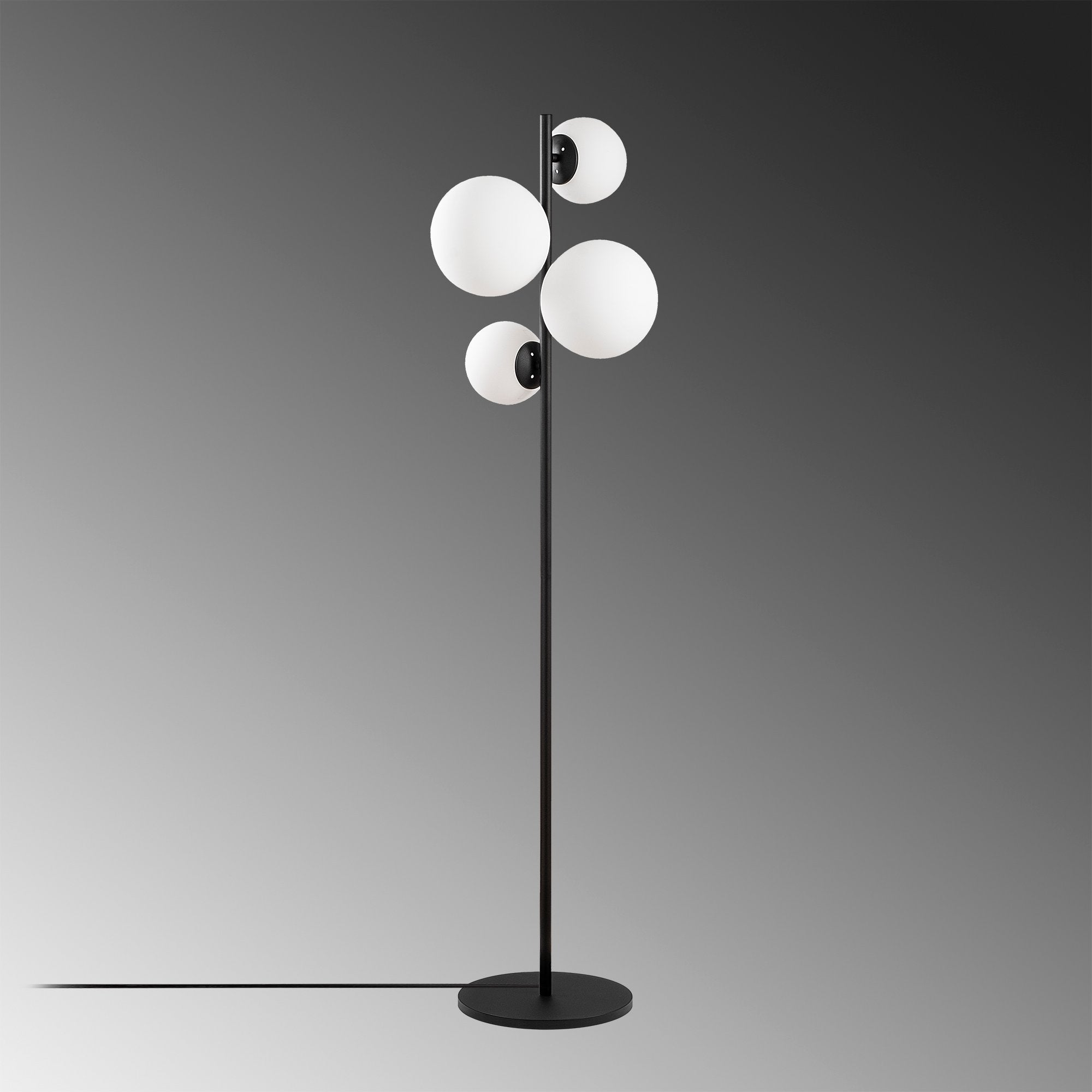 Candeeiro de Pé moderna com corpo de metal e tampas de vidro (2x20 cm, 2x15 cm), 33x33x162 cm | Preto e branco, design industrial/escandinavo, soquete 4xE14