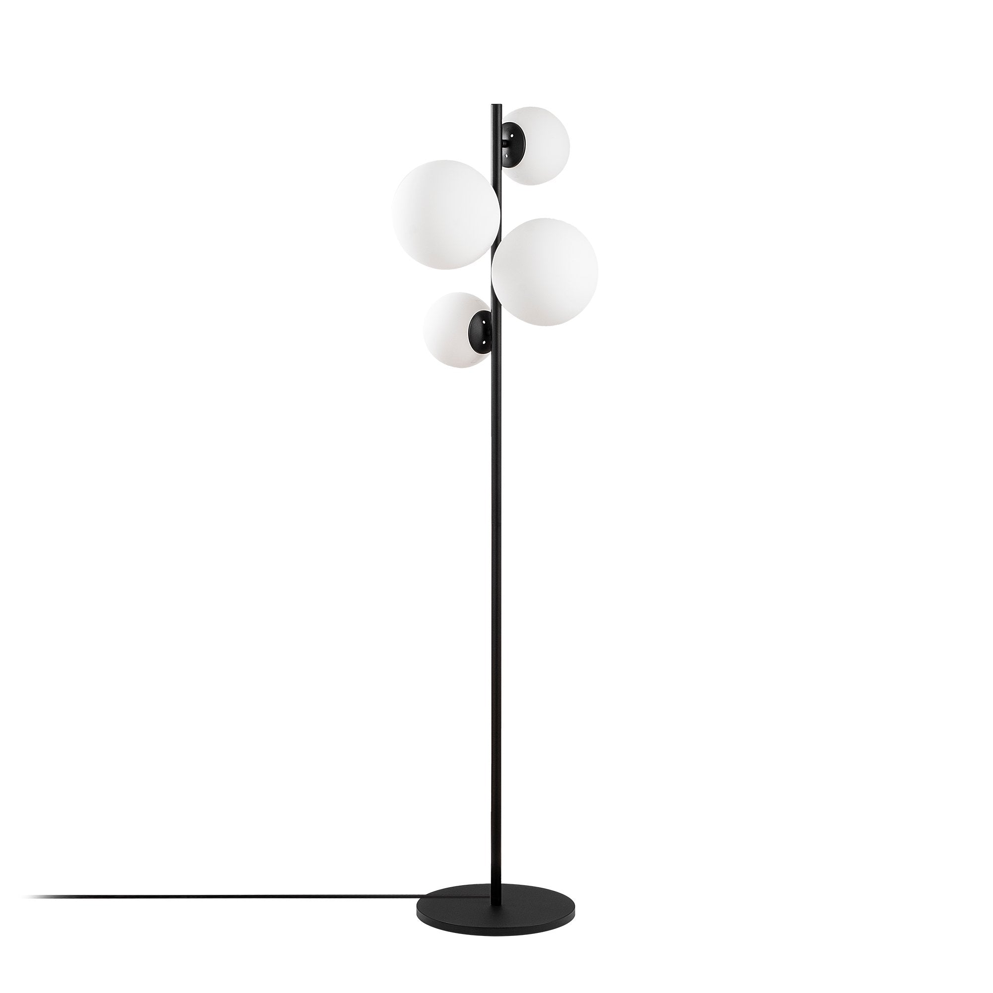 Candeeiro de Pé moderna com corpo de metal e tampas de vidro (2x20 cm, 2x15 cm), 33x33x162 cm | Preto e branco, design industrial/escandinavo, soquete 4xE14