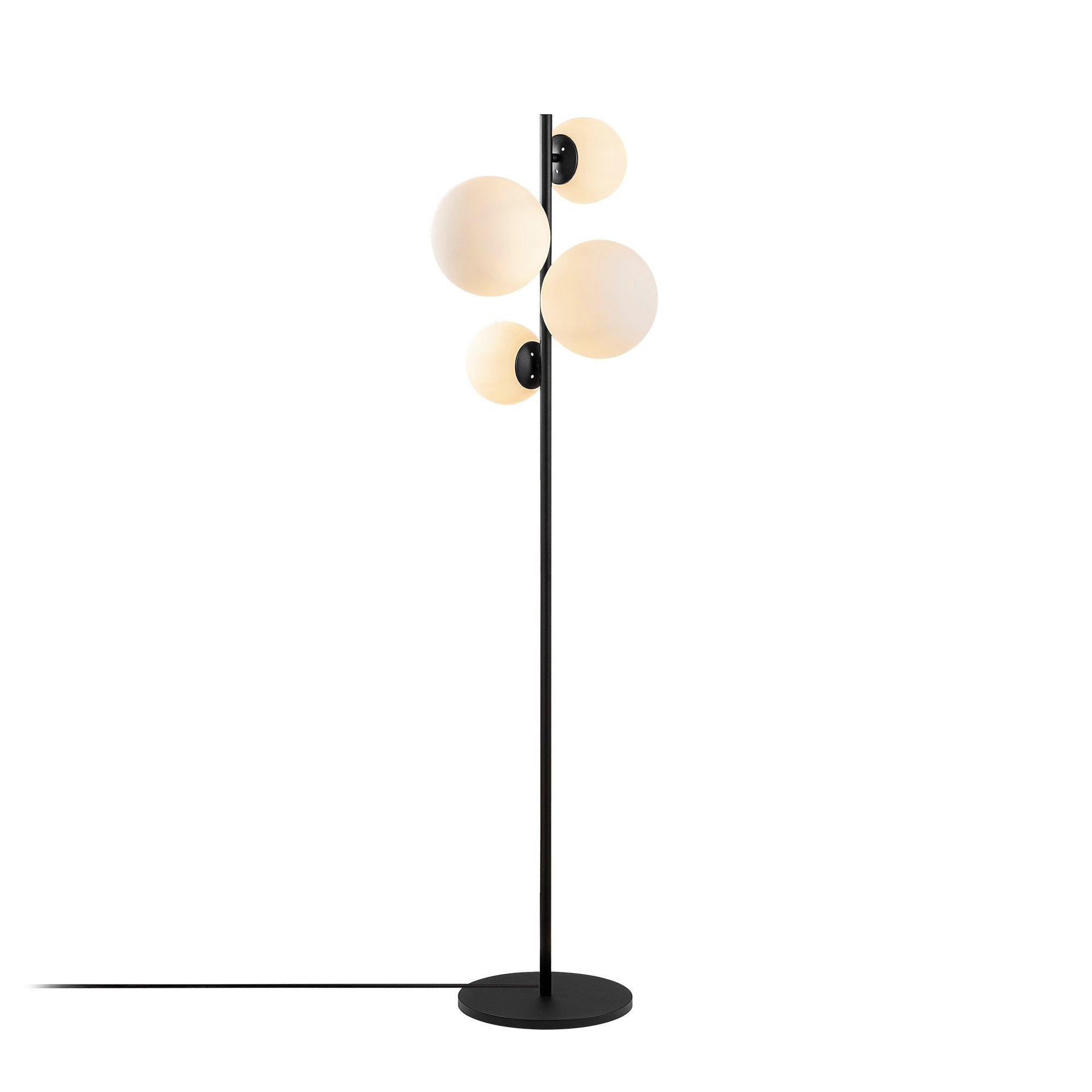Candeeiro de Pé moderna com corpo de metal e tampas de vidro (2x20 cm, 2x15 cm), 33x33x162 cm | Preto e branco, design industrial/escandinavo, soquete 4xE14