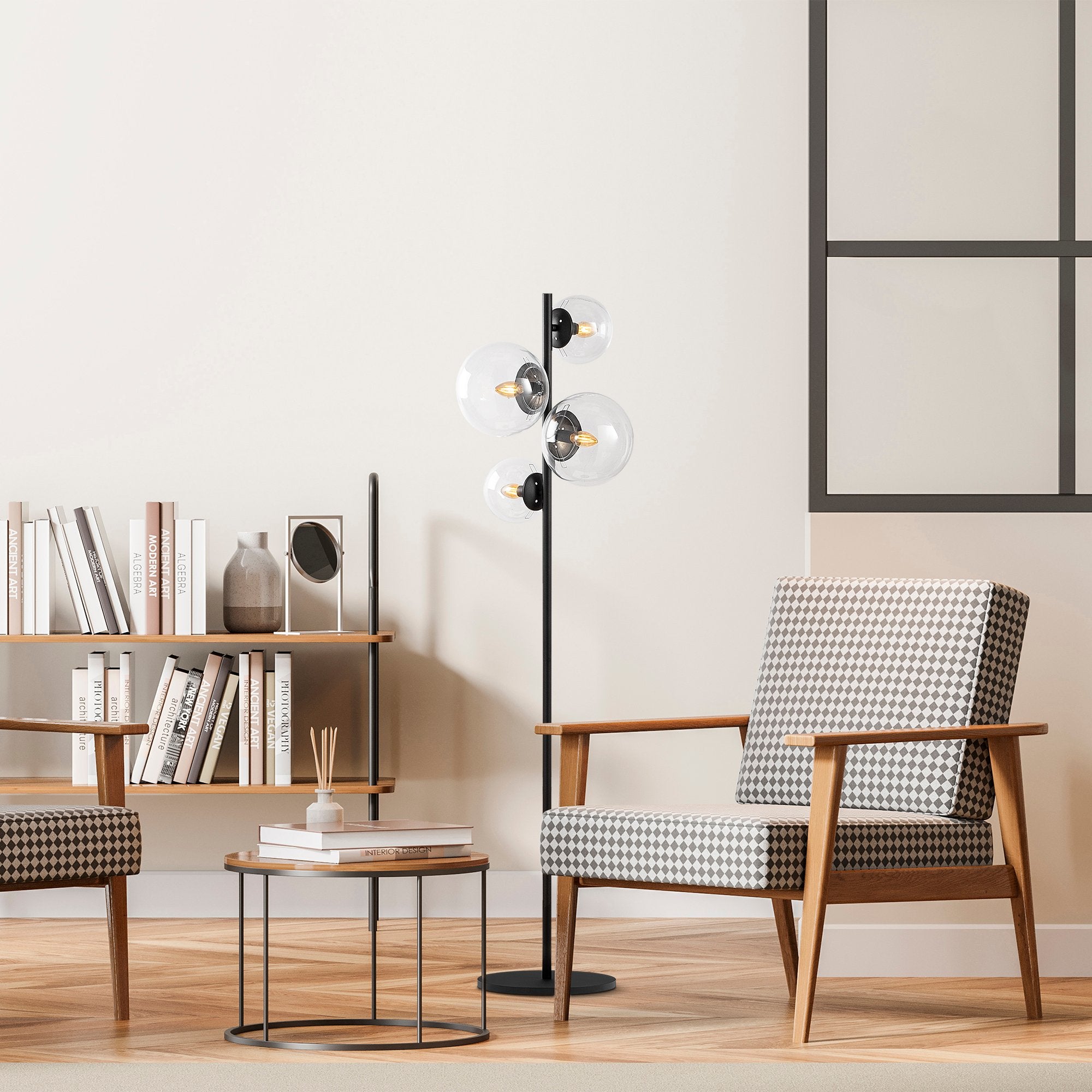 Candeeiro de Pé preta moderna com corpo de metal e tampas de vidro (2x20cm, 2x15cm), 33x33x162 cm | 4 soquetes E14, cabo de 200 cm | Design industrial e escandinavo elegante