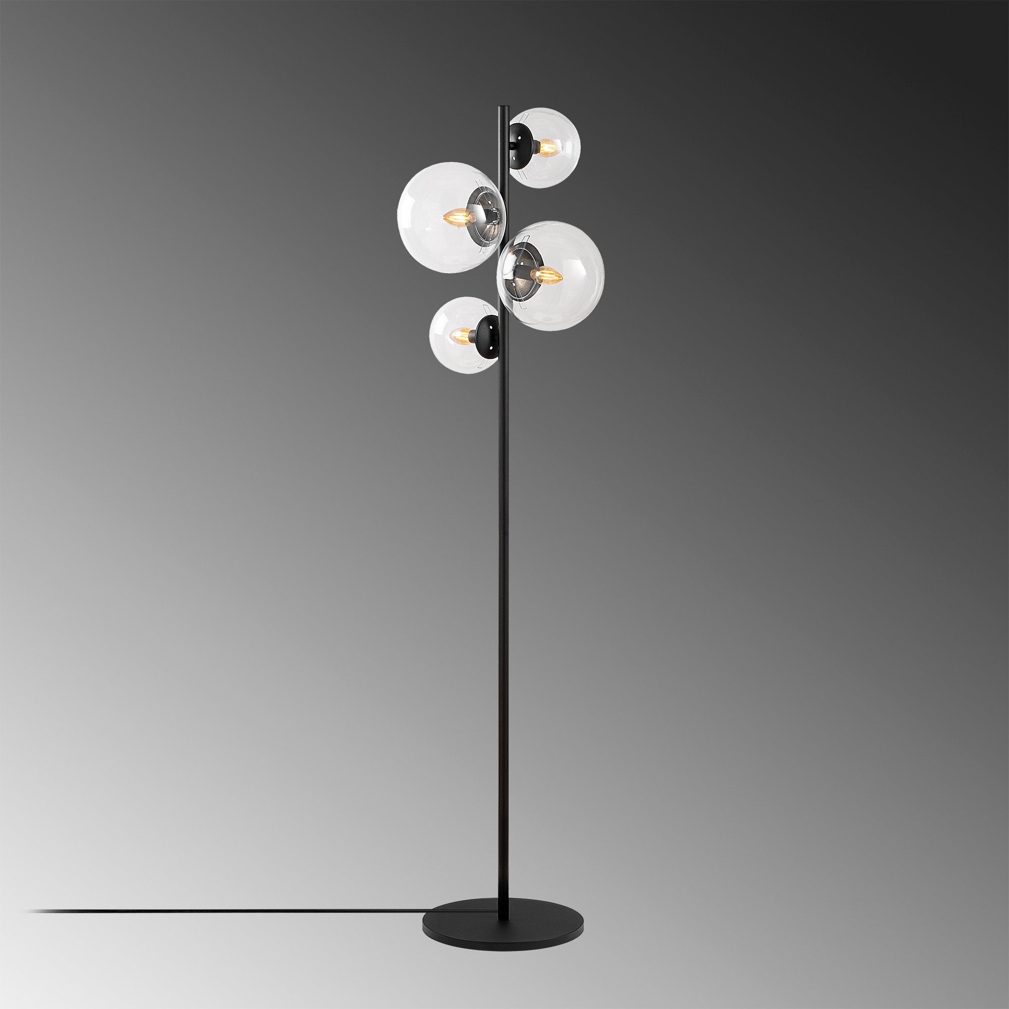 Candeeiro de Pé preta moderna com corpo de metal e tampas de vidro (2x20cm, 2x15cm), 33x33x162 cm | 4 soquetes E14, cabo de 200 cm | Design industrial e escandinavo elegante