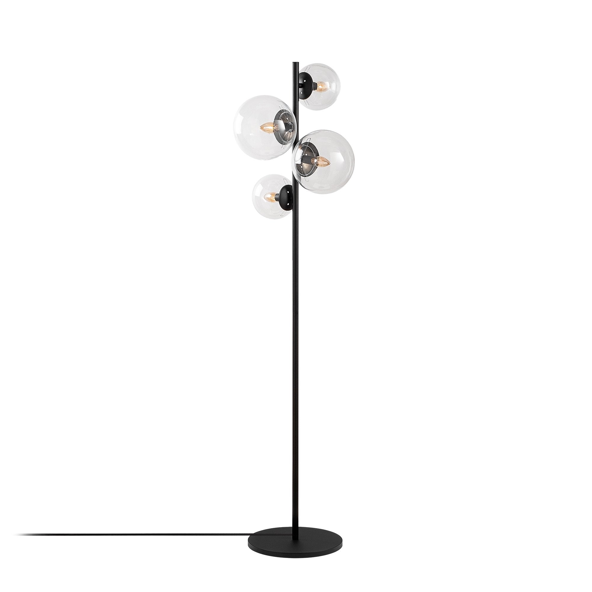 Candeeiro de Pé preta moderna com corpo de metal e tampas de vidro (2x20cm, 2x15cm), 33x33x162 cm | 4 soquetes E14, cabo de 200 cm | Design industrial e escandinavo elegante