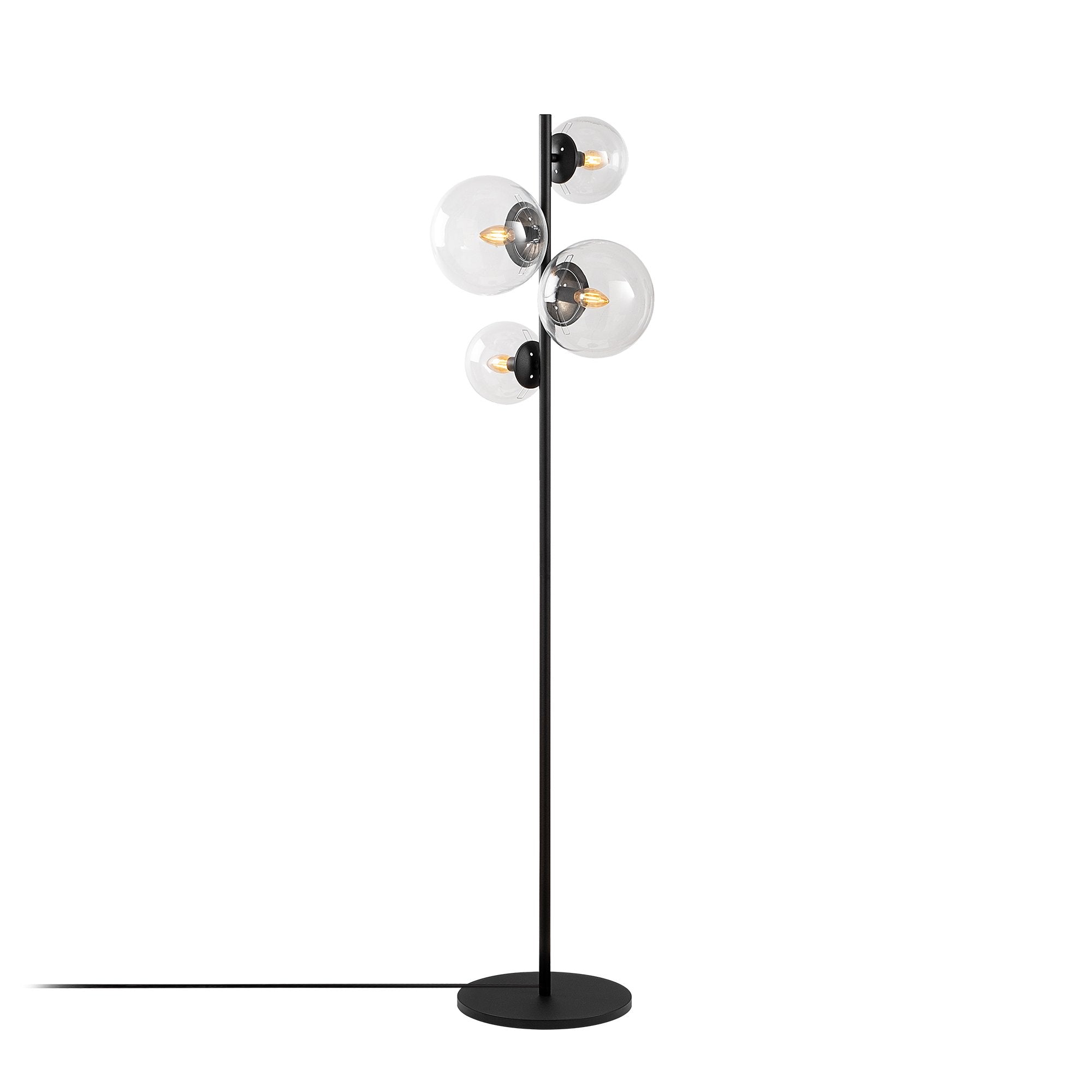 Candeeiro de Pé preta moderna com corpo de metal e tampas de vidro (2x20cm, 2x15cm), 33x33x162 cm | 4 soquetes E14, cabo de 200 cm | Design industrial e escandinavo elegante