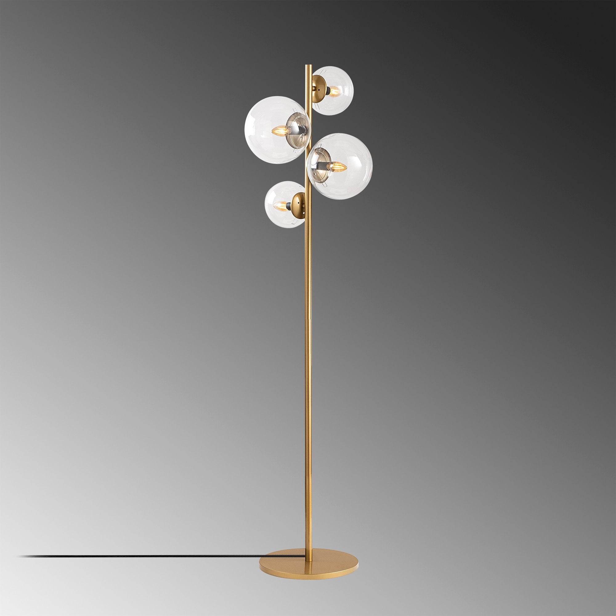 Candeeiro de Pé elegante com corpo de metal e tampas de vidro (2x20 cm, 2x15 cm), 33x33x162 cm, acabamento antigo, design escandinavo moderno, perfeita para decoração de casa
