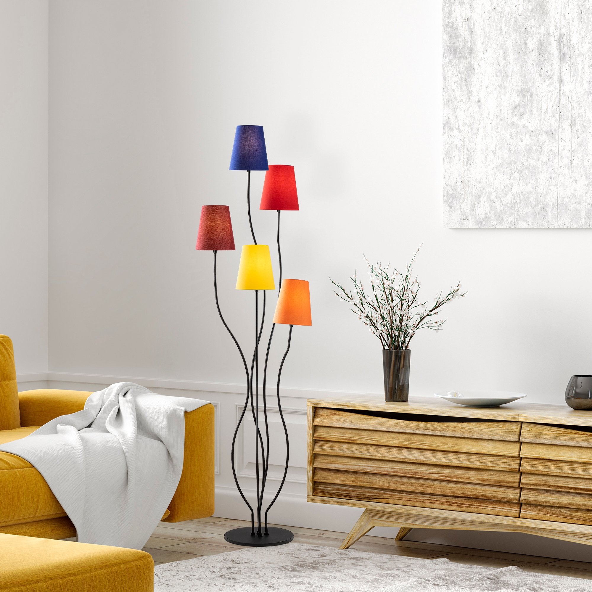 Candeeiro de Pé moderna com corpo de metal e base de tecido, 44 x 44 x 160 cm | 5 soquetes E14, cabo de 200 cm | Iluminação elegante para casa e escritório