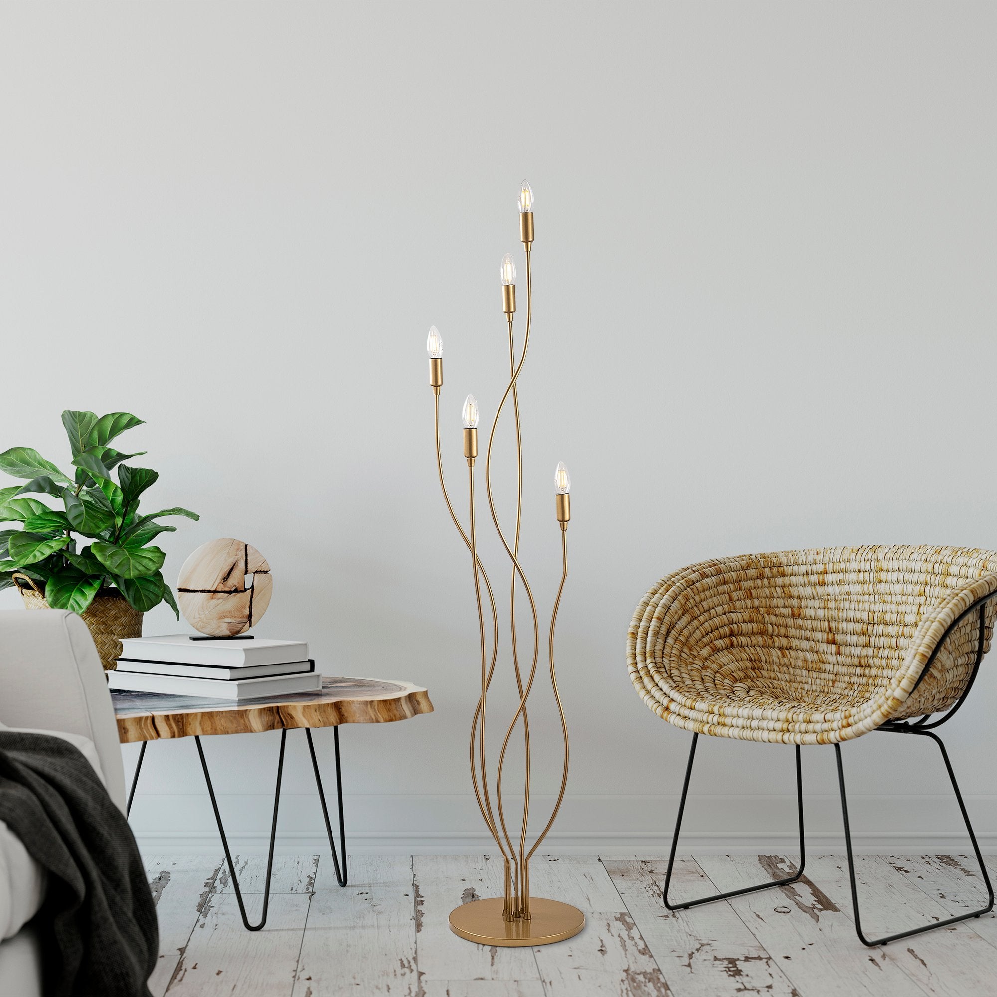 Candeeiro de Pé elegante com corpo de metal, acabamento dourado, 35 x 35 x 155 cm | 5 soquetes E14, cabo de 200 cm | Design moderno e glamouroso para decoração de casa com estilo
