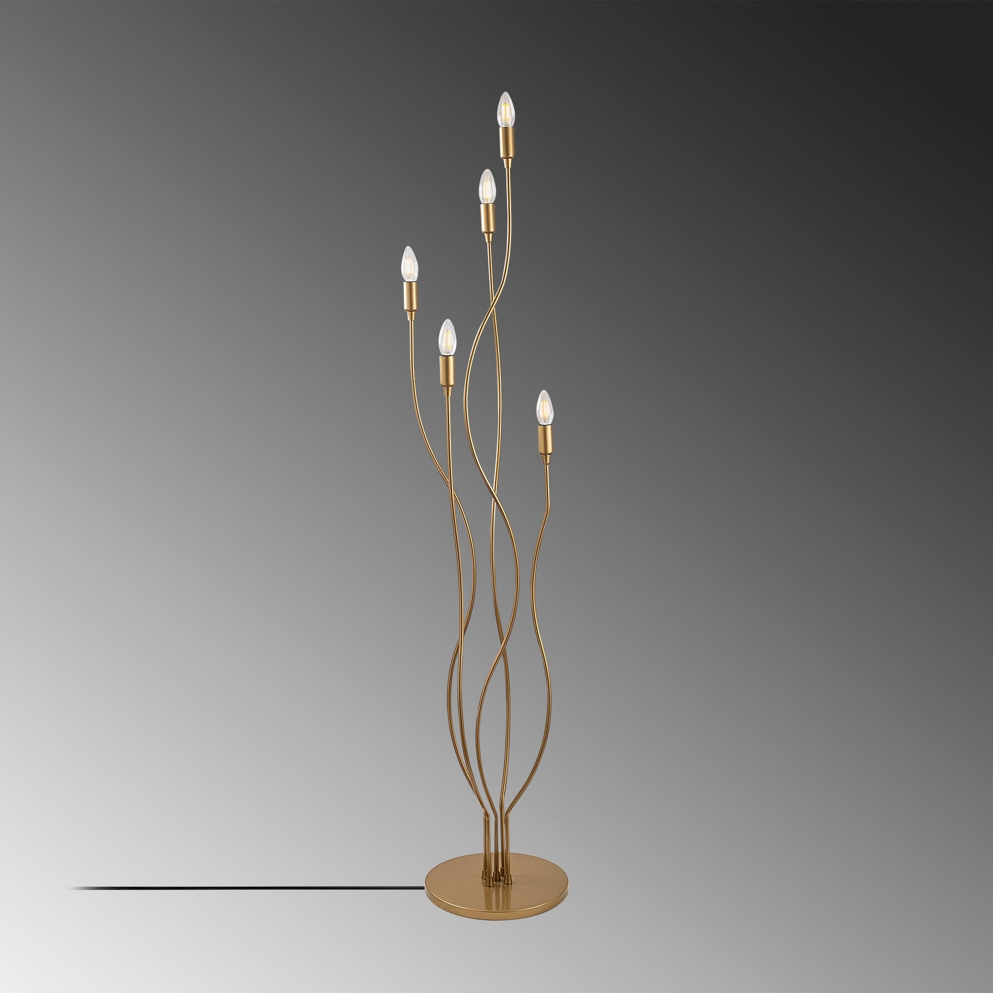 Candeeiro de Pé elegante com corpo de metal, acabamento dourado, 35 x 35 x 155 cm | 5 soquetes E14, cabo de 200 cm | Design moderno e glamouroso para decoração de casa com estilo