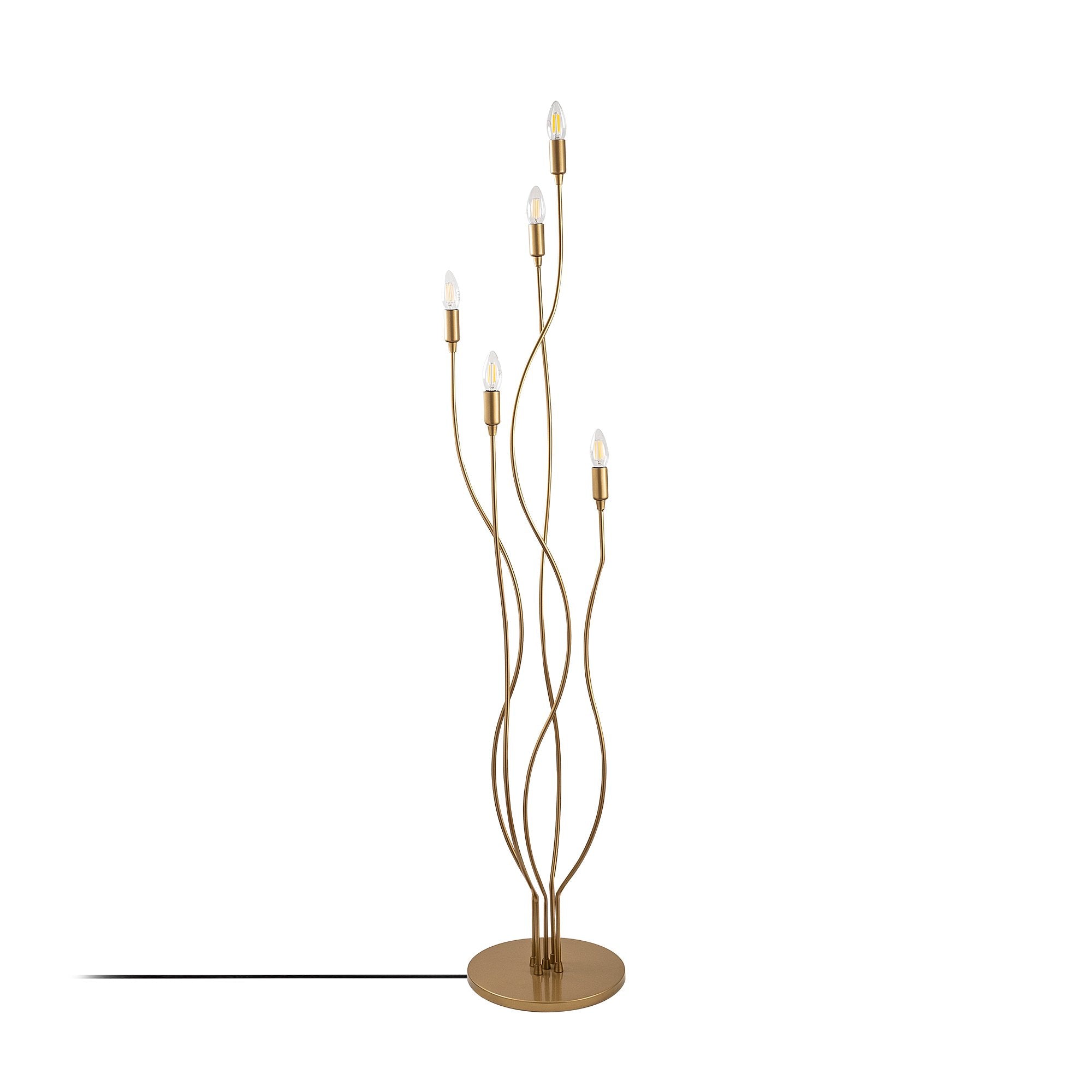 Candeeiro de Pé elegante com corpo de metal, acabamento dourado, 35 x 35 x 155 cm | 5 soquetes E14, cabo de 200 cm | Design moderno e glamouroso para decoração de casa com estilo