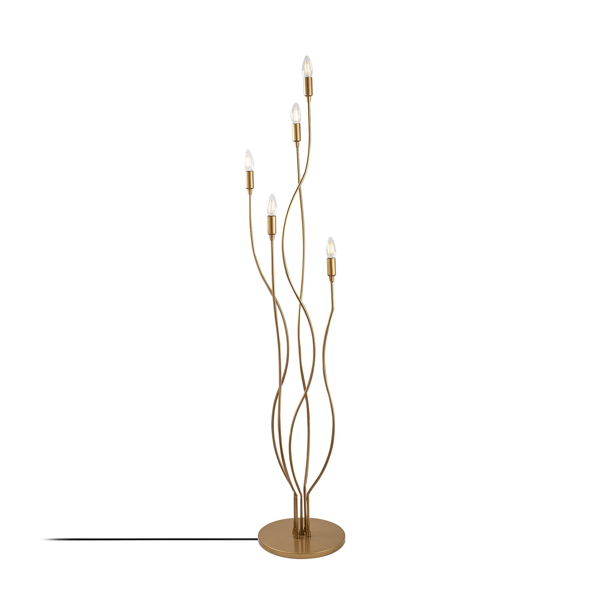 Candeeiro de Pé elegante com corpo de metal, acabamento dourado, 35 x 35 x 155 cm | 5 soquetes E14, cabo de 200 cm | Design moderno e glamouroso para decoração de casa com estilo