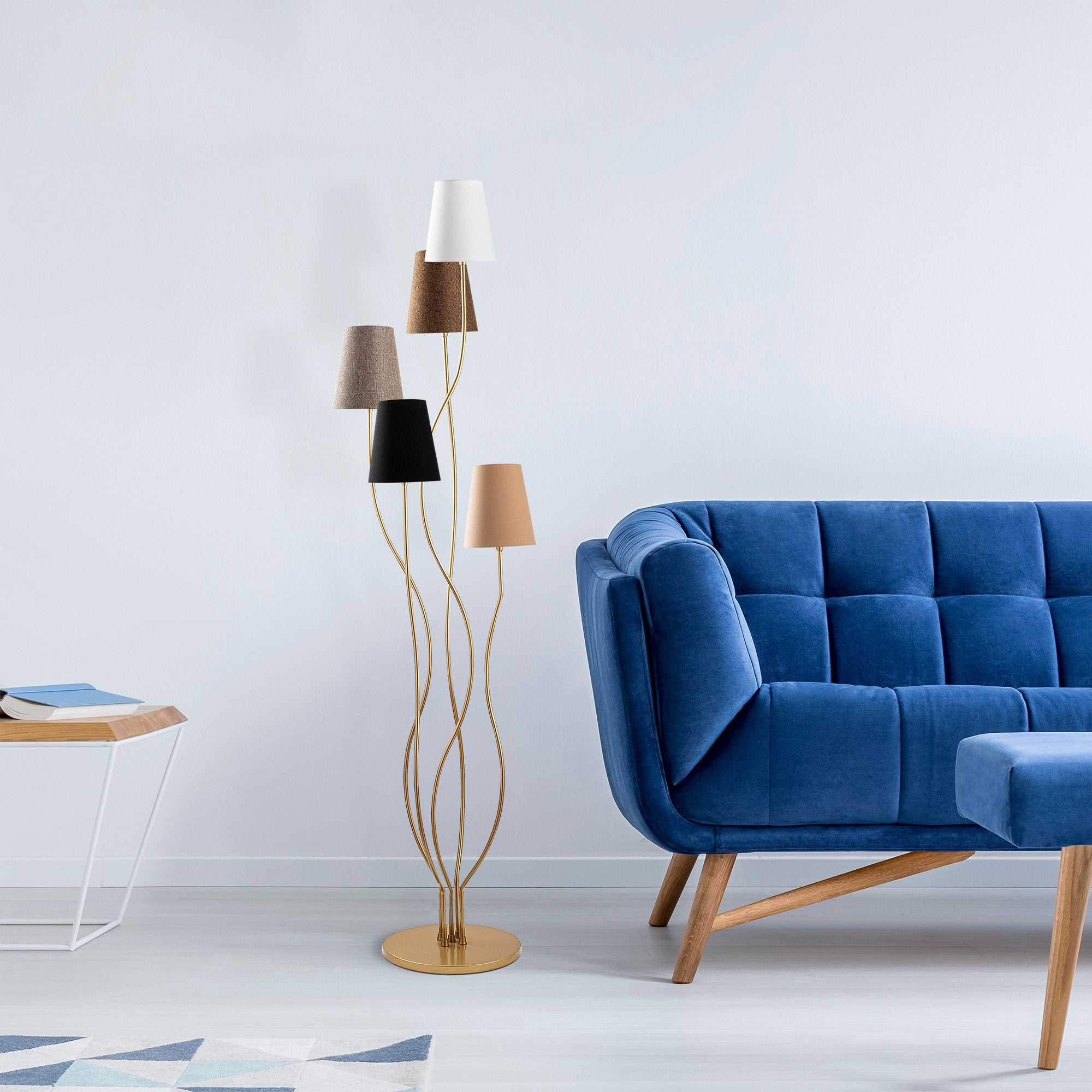 Candeeiro de Pé moderna com corpo de metal e base de tecido, 44 x 44 x 160 cm | 5 soquetes E14, cabo de 200 cm | Iluminação elegante para casa e escritório