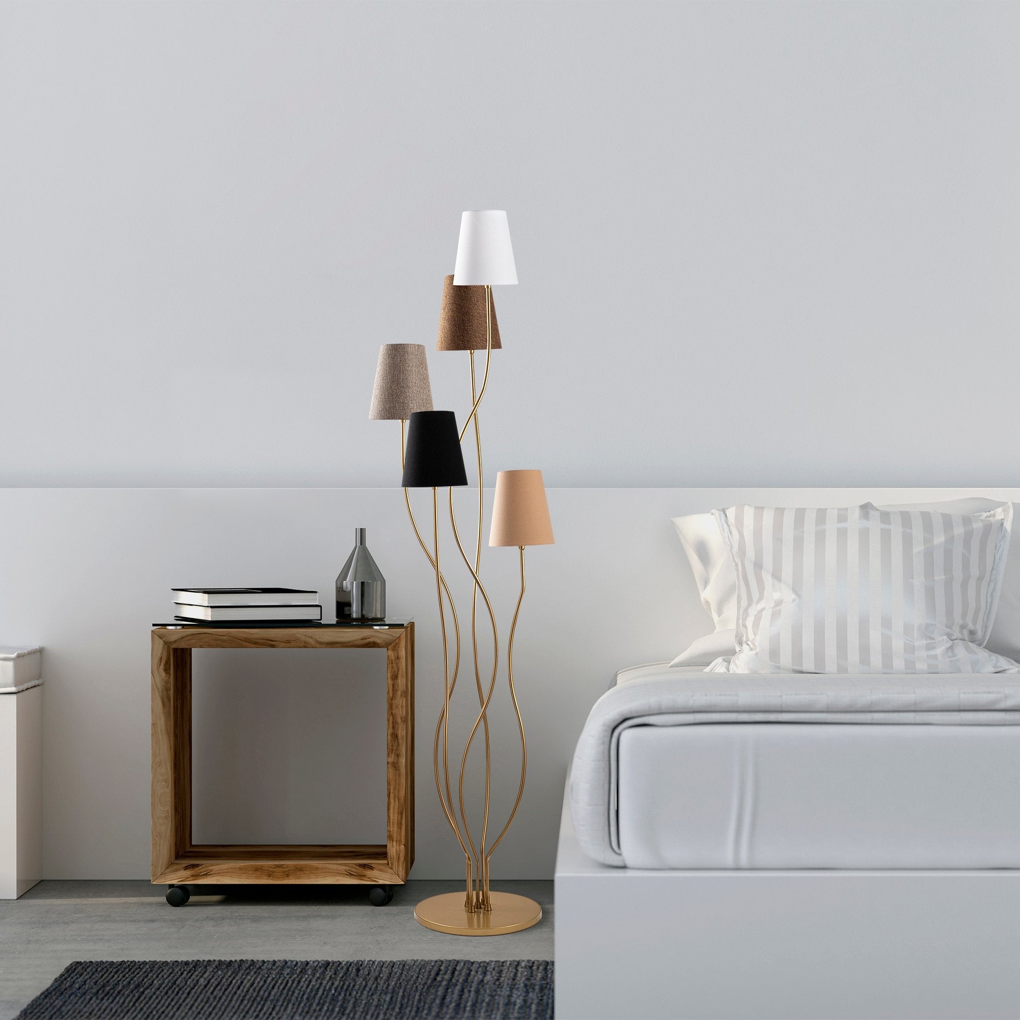 Candeeiro de Pé moderna com corpo de metal e base de tecido, 44 x 44 x 160 cm | 5 soquetes E14, cabo de 200 cm | Iluminação elegante para casa e escritório