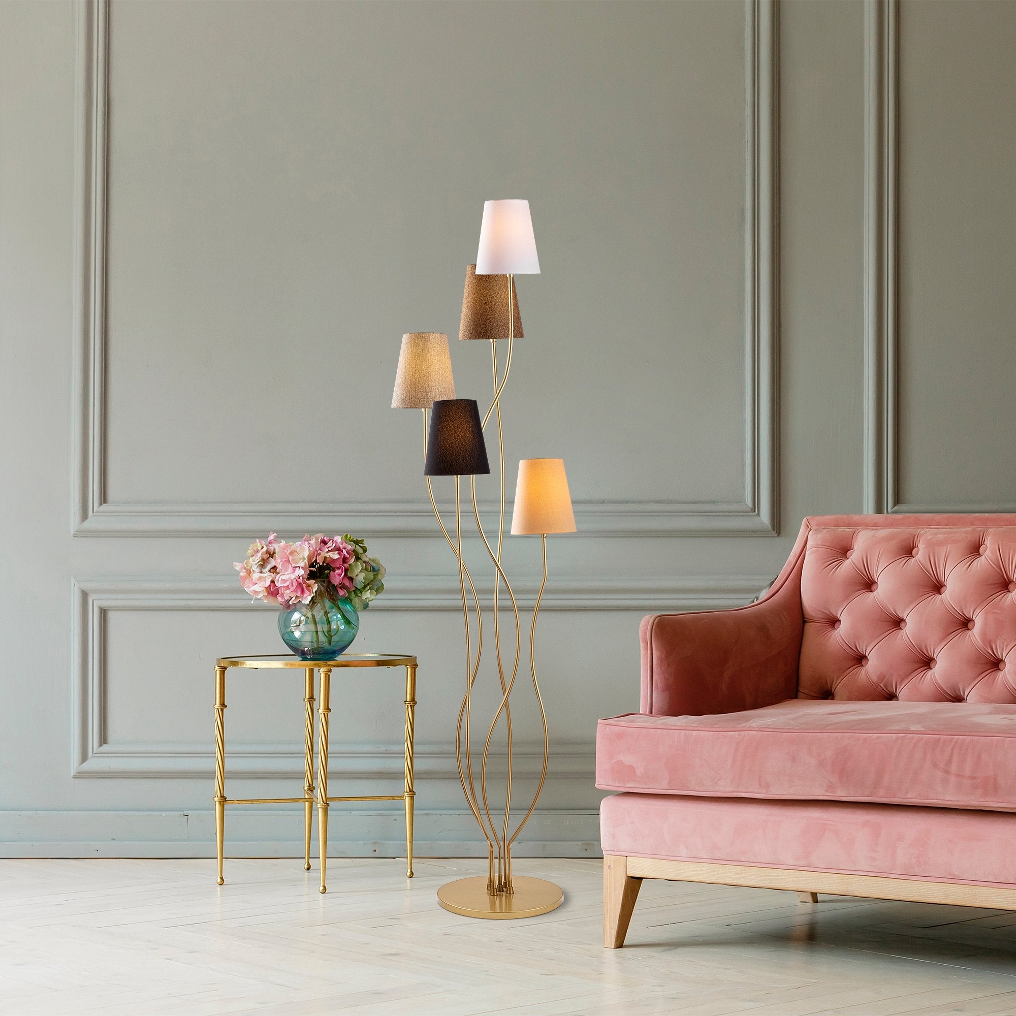 Candeeiro de Pé moderna com corpo de metal e base de tecido, 44 x 44 x 160 cm | 5 soquetes E14, cabo de 200 cm | Iluminação elegante para casa e escritório