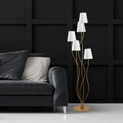 Candeeiro de Pé elegante com corpo de metal e base de tecido, dourada e branca, 44 x 44 x 160 cm | 5 soquetes E14, cabo de 200 cm | Design glamoroso para espaços modernos