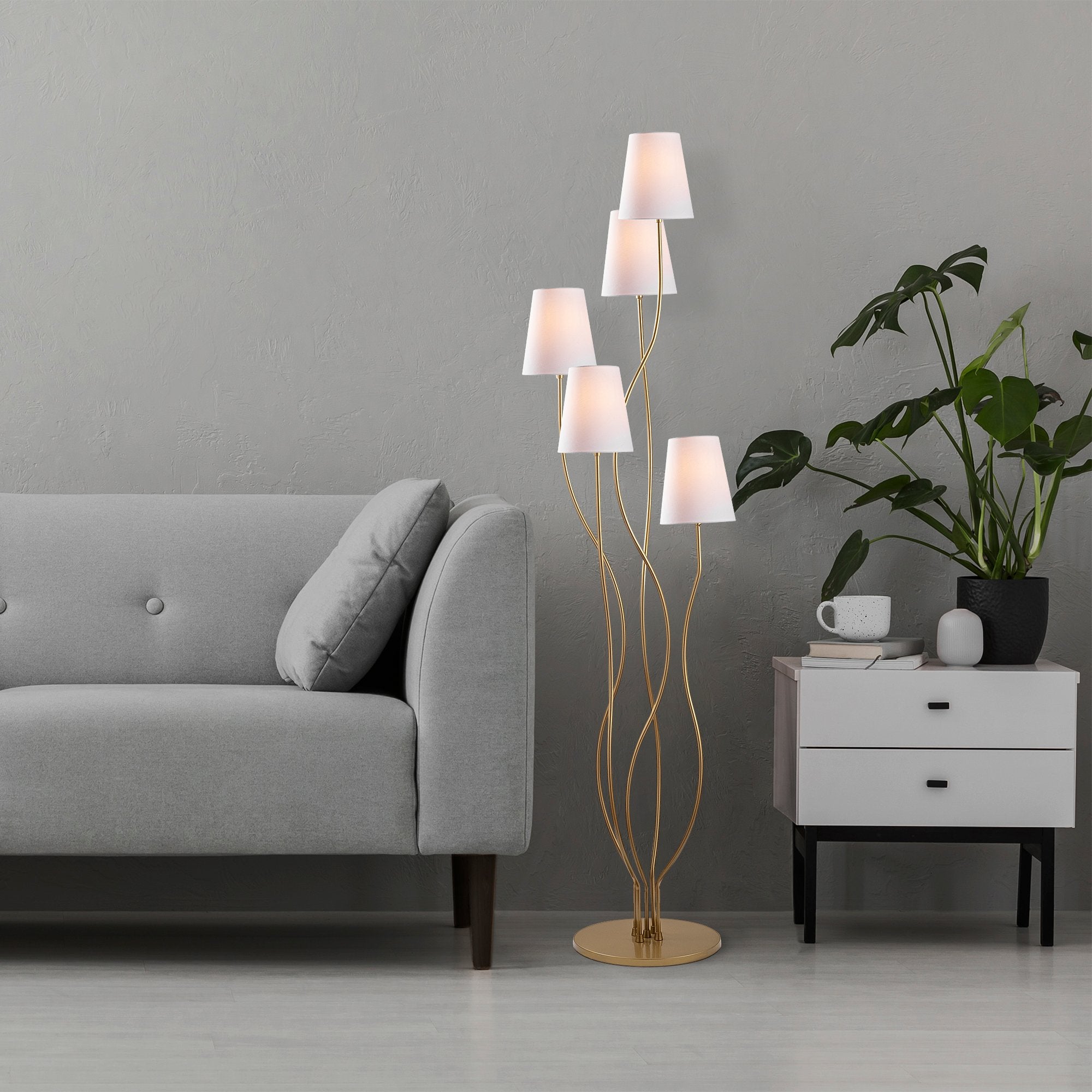 Candeeiro de Pé elegante com corpo de metal e base de tecido, dourada e branca, 44 x 44 x 160 cm | 5 soquetes E14, cabo de 200 cm | Design glamoroso para espaços modernos