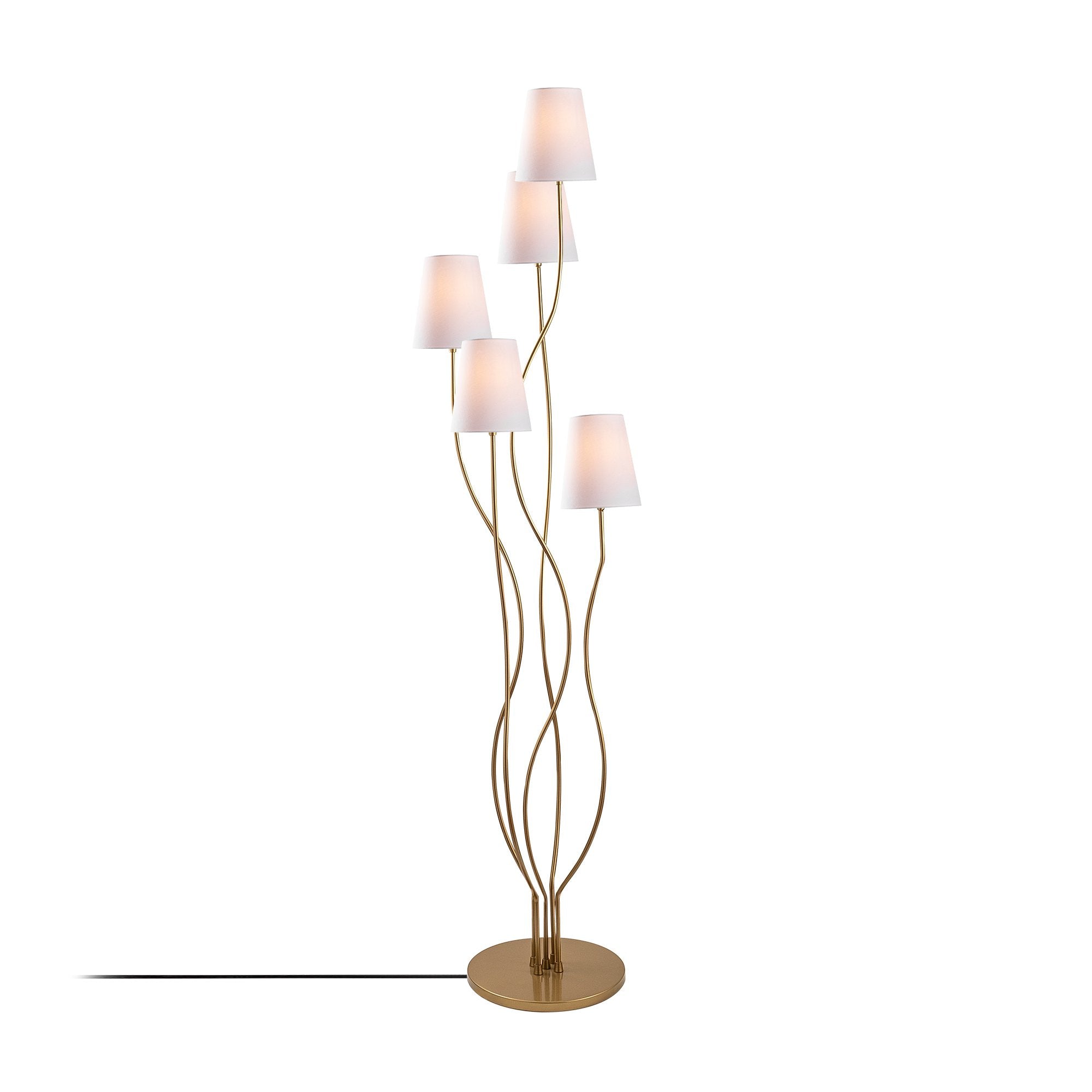 Candeeiro de Pé elegante com corpo de metal e base de tecido, dourada e branca, 44 x 44 x 160 cm | 5 soquetes E14, cabo de 200 cm | Design glamoroso para espaços modernos