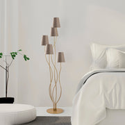 Candeeiro de Pé elegante com corpo de metal, dourado e bege, 44 x 44 x 160 cm | Base de tecido (14 cm de diâmetro, 16 cm de altura) | 5 soquetes E14, cabo de 200 cm | Design glamoroso