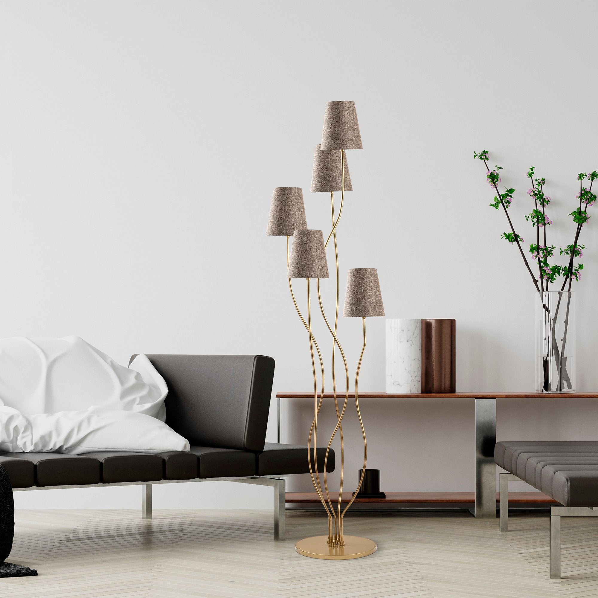 Candeeiro de Pé elegante com corpo de metal, dourado e bege, 44 x 44 x 160 cm | Base de tecido (14 cm de diâmetro, 16 cm de altura) | 5 soquetes E14, cabo de 200 cm | Design glamoroso