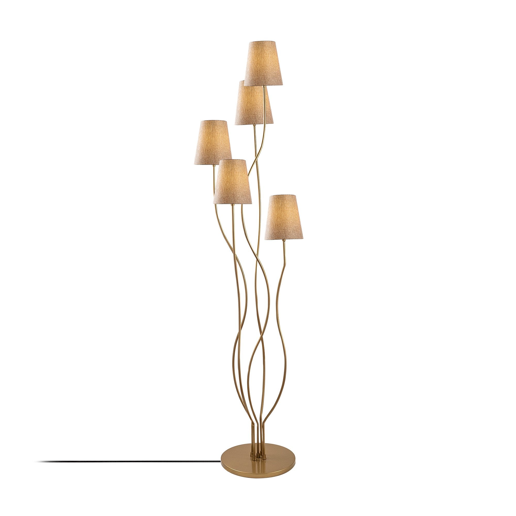 Candeeiro de Pé elegante com corpo de metal, dourado e bege, 44 x 44 x 160 cm | Base de tecido (14 cm de diâmetro, 16 cm de altura) | 5 soquetes E14, cabo de 200 cm | Design glamoroso