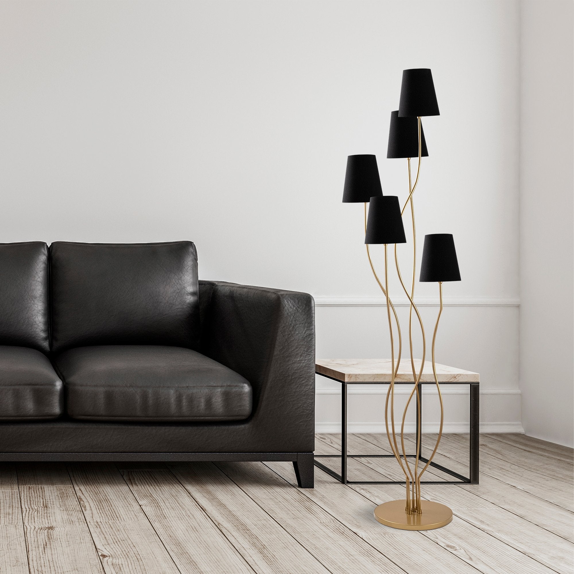 Candeeiro de Pé moderna com corpo de metal, dourada e preta, 44 x 44 x 160 cm | Base de tecido (14 cm de diâmetro, 16 cm de altura) | 5 soquetes E14, cabo de 200 cm, elegante e funcional