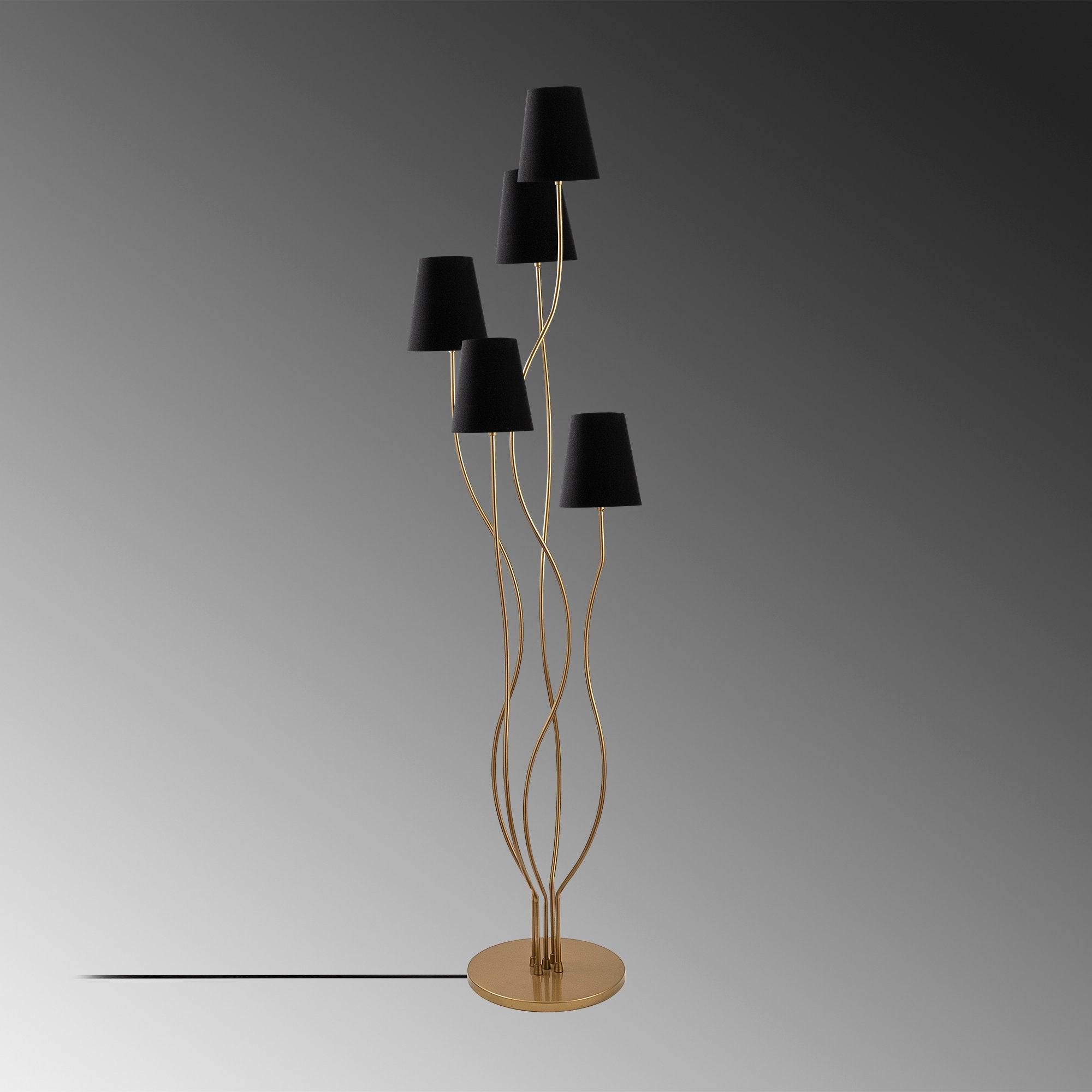 Candeeiro de Pé moderna com corpo de metal, dourada e preta, 44 x 44 x 160 cm | Base de tecido (14 cm de diâmetro, 16 cm de altura) | 5 soquetes E14, cabo de 200 cm, elegante e funcional