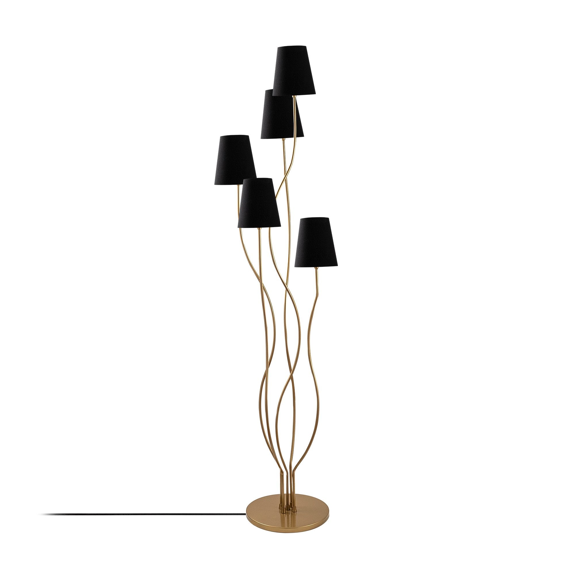 Candeeiro de Pé moderna com corpo de metal, dourada e preta, 44 x 44 x 160 cm | Base de tecido (14 cm de diâmetro, 16 cm de altura) | 5 soquetes E14, cabo de 200 cm, elegante e funcional