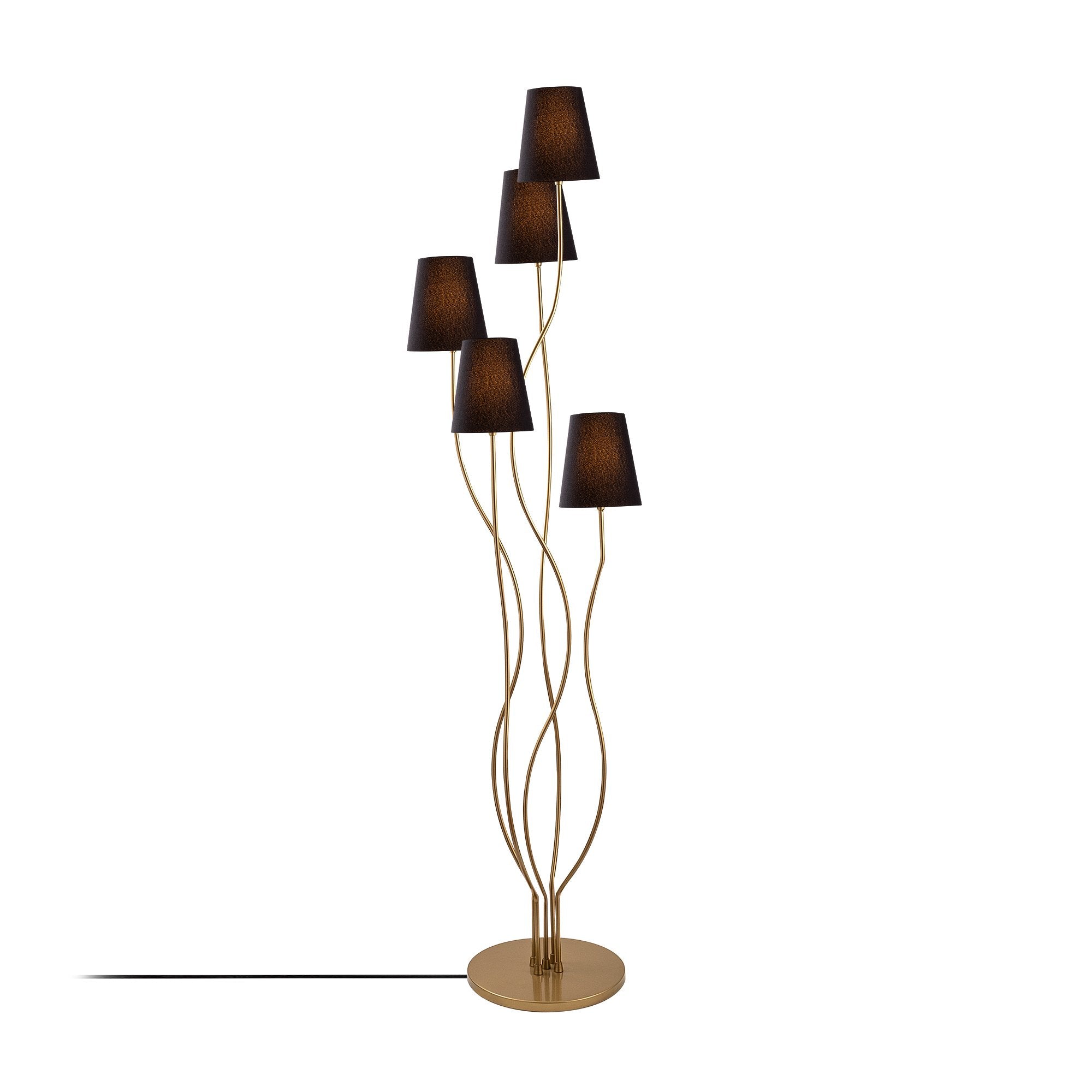 Candeeiro de Pé moderna com corpo de metal, dourada e preta, 44 x 44 x 160 cm | Base de tecido (14 cm de diâmetro, 16 cm de altura) | 5 soquetes E14, cabo de 200 cm, elegante e funcional