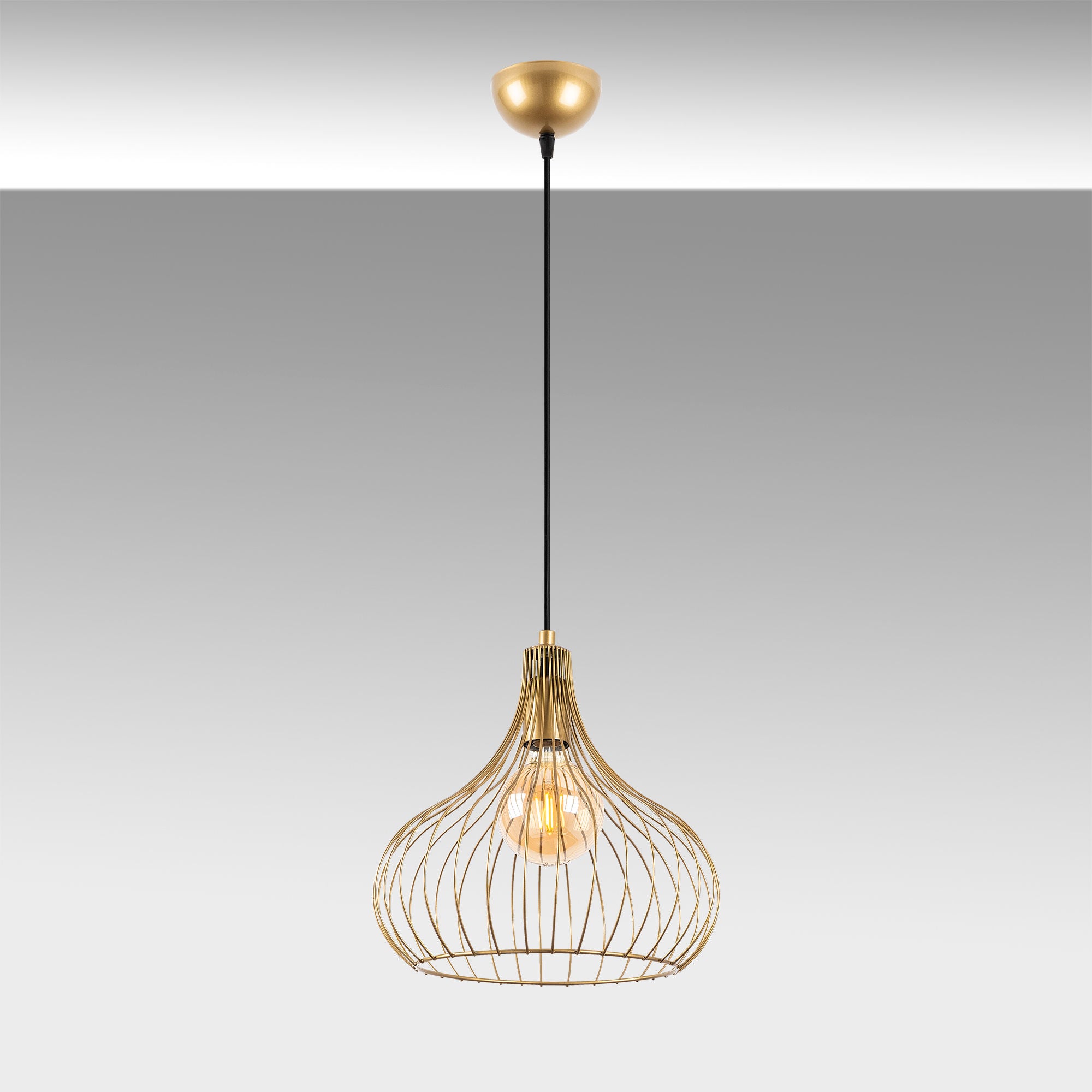 Candeeiro de Teto Dourado Elegante, Corpo em Metal, Altura Ajustável, 22 x 22 x 120 cm | Soquete E27, Máx. 40 W | Design Glamour Moderno para Interiores Elegantes