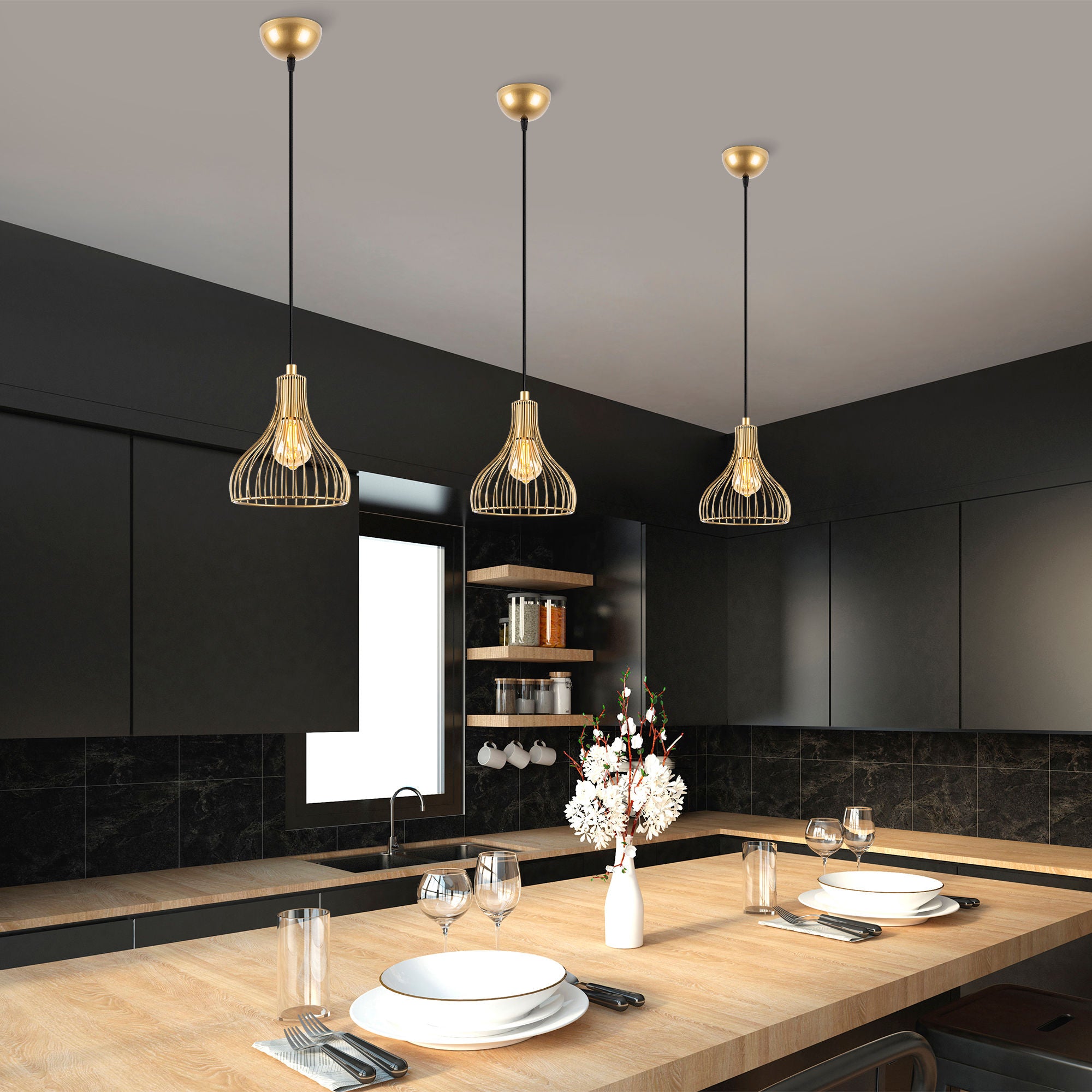 Candeeiro de Teto Dourado Elegante, Corpo em Metal, 20 x 20 x 117 cm | Altura Ajustável, Soquete E27, Design Moderno e Glamouroso | Perfeito para Salas de Estar e Salas de Jantar