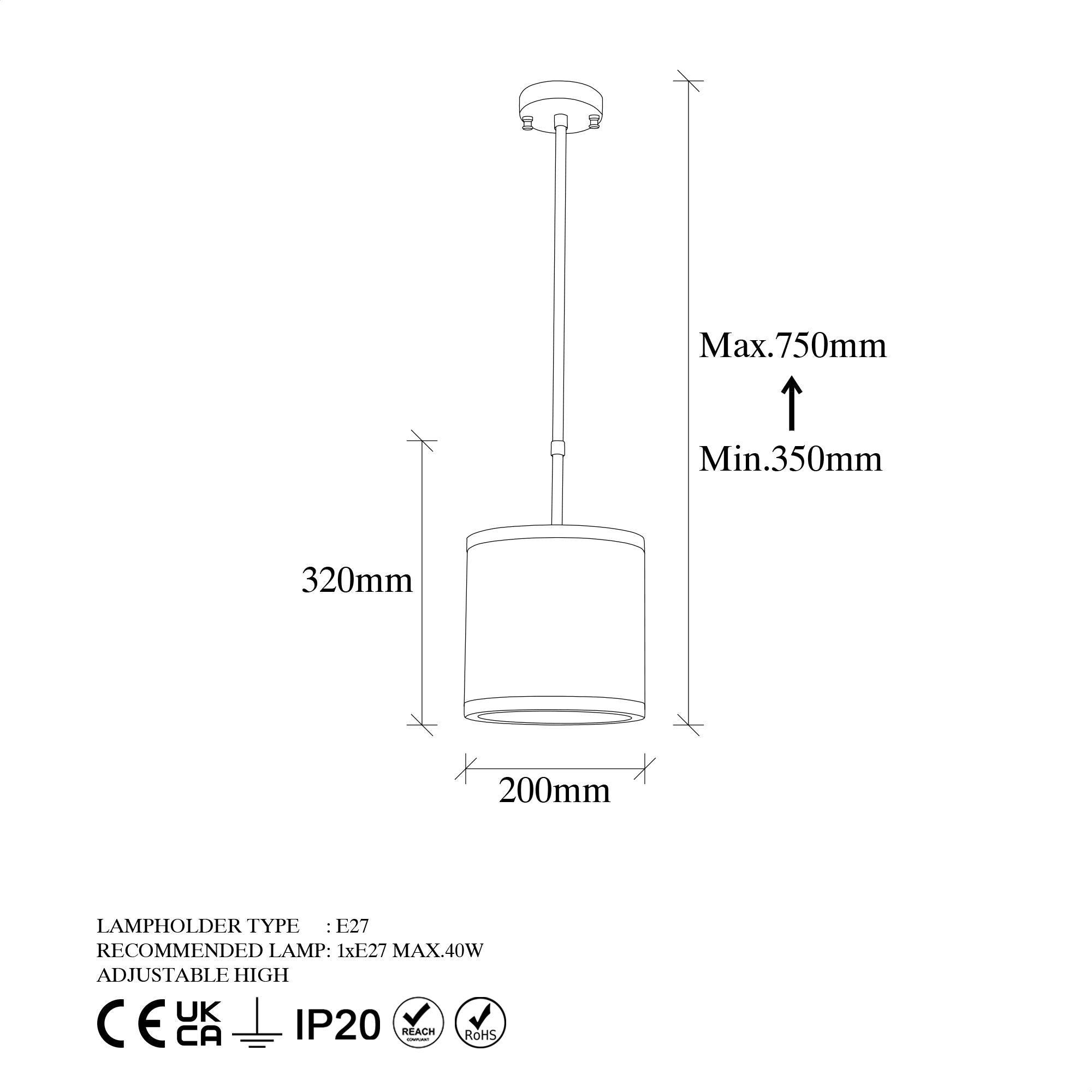 Candeeiro de Teto moderno preto e branco, altura ajustável, corpo de metal, 20x20x75 cm, soquete E27, design escandinavo elegante para casa e escritório