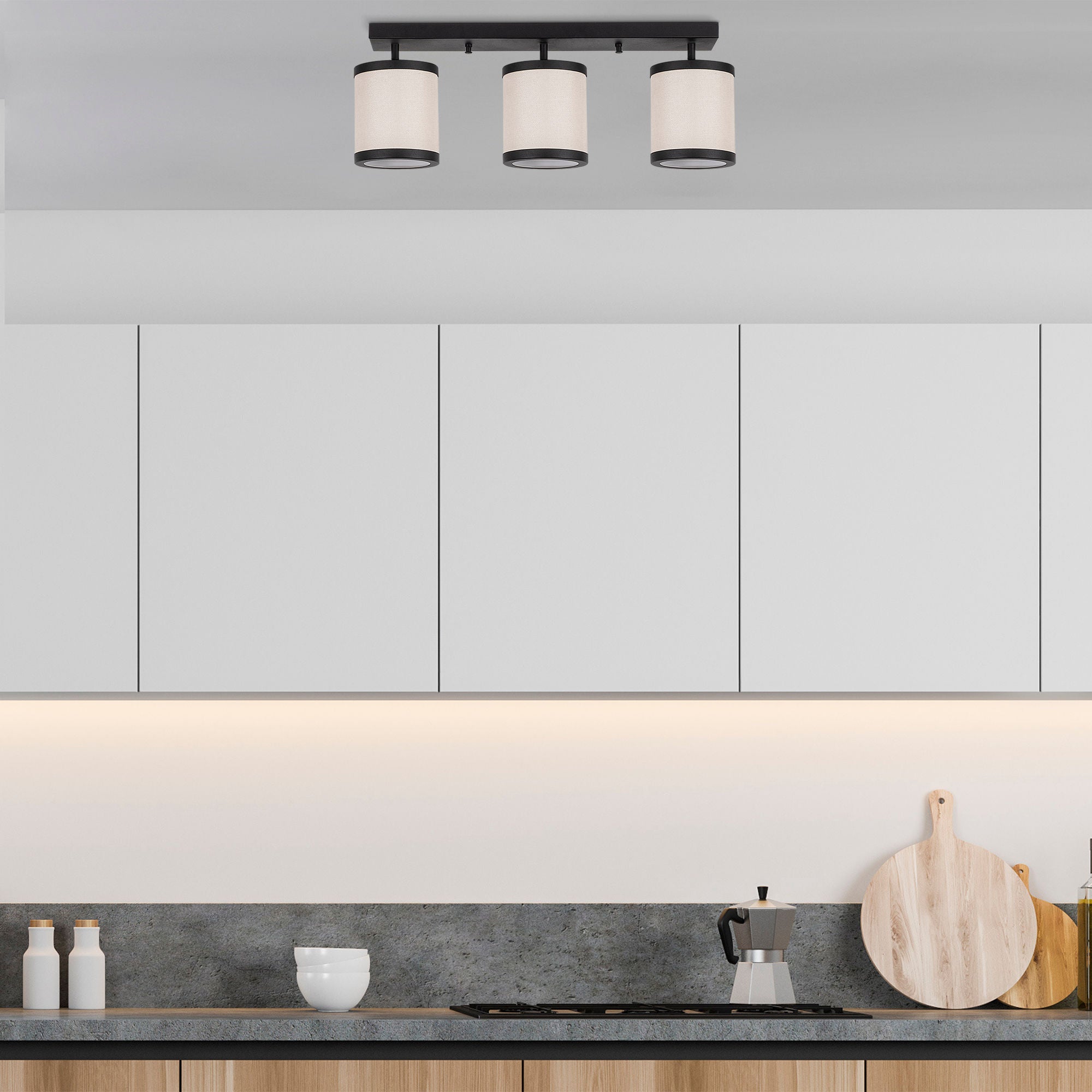 Candeeiro de Teto Escandinavo Moderno, Preto e Branco, 66 x 20 x 21 cm | Corpo em Metal, Tampa em Tecido, 3 Soquetes E27 | Iluminação Elegante para Casa e Escritório