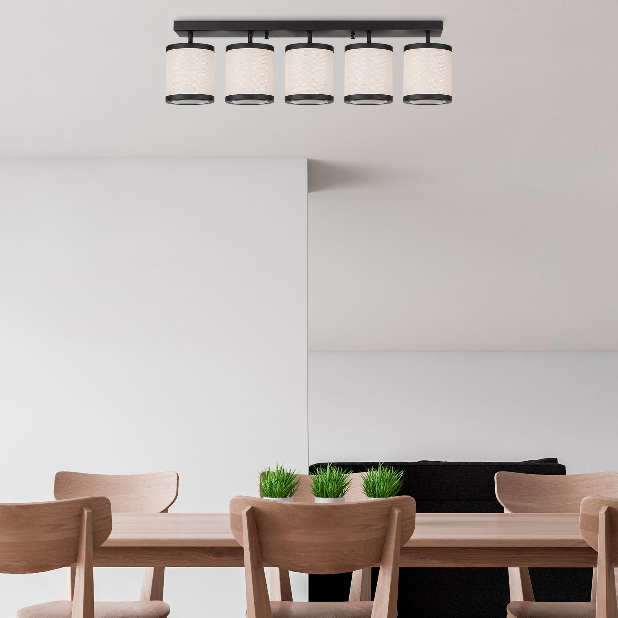 Candeeiro de Teto Escandinavo Moderno, Preto e Branco, 84 x 20 x 21 cm | Corpo em Metal, Tampa em Tecido, 5 Soquetes E27 | Iluminação Elegante para Casa e Escritório