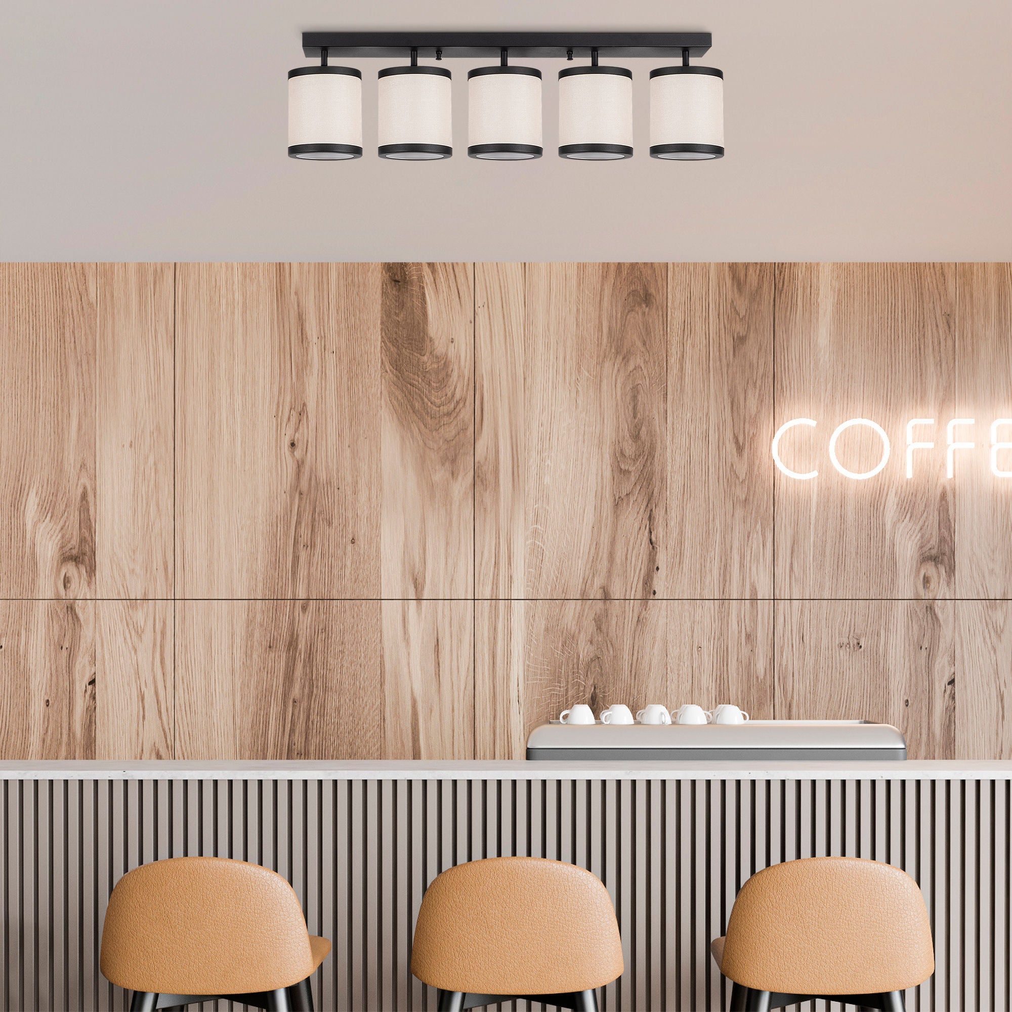 Candeeiro de Teto Escandinavo Moderno, Preto e Branco, 84 x 20 x 21 cm | Corpo em Metal, Tampa em Tecido, 5 Soquetes E27 | Iluminação Elegante para Casa e Escritório