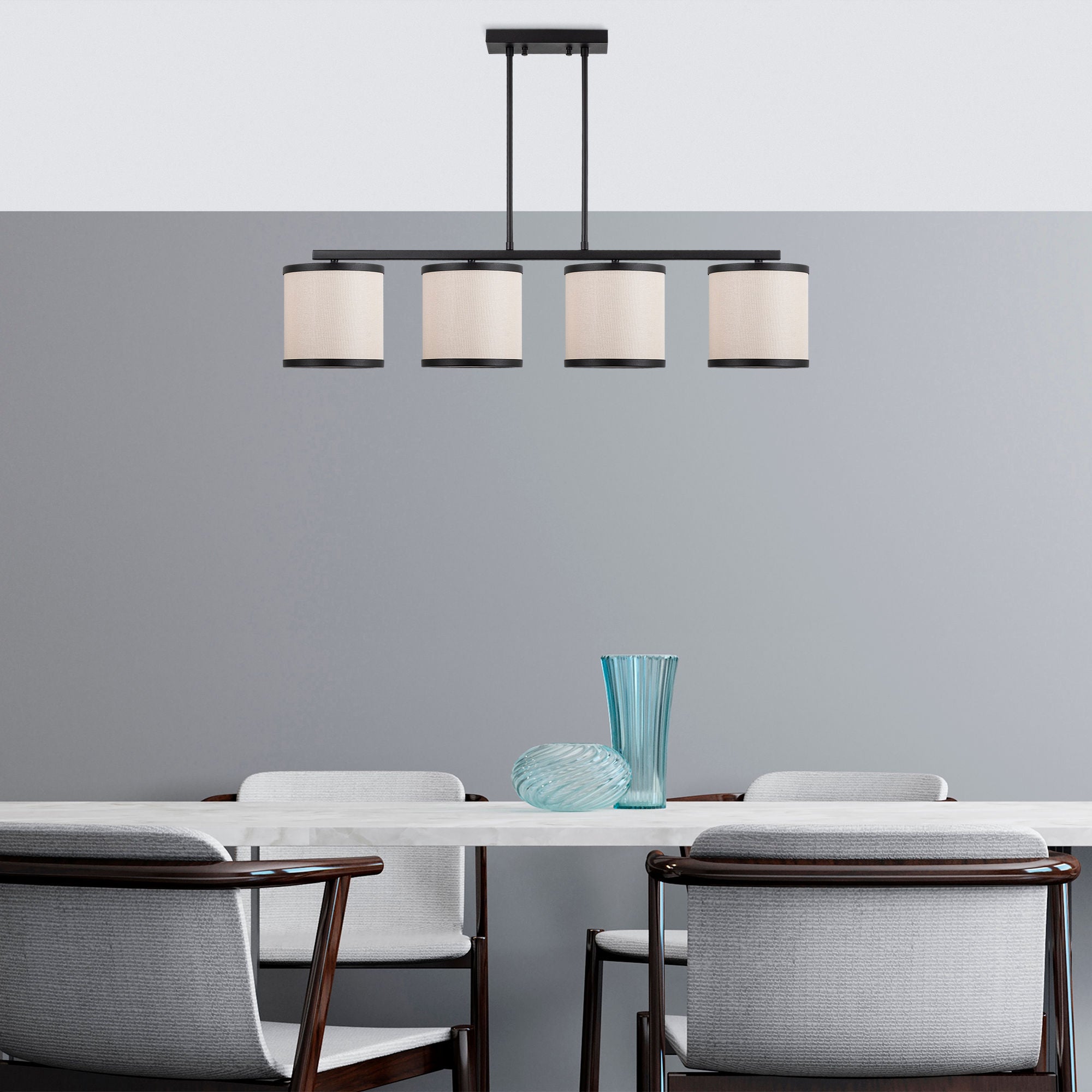 Candeeiro de Teto Escandinavo Moderno, Preto e Branco, 107 x 20 x 68 cm | Corpo em Metal, Altura Ajustável, 4 Soquetes E27 | Iluminação Elegante para Decoração de Casa