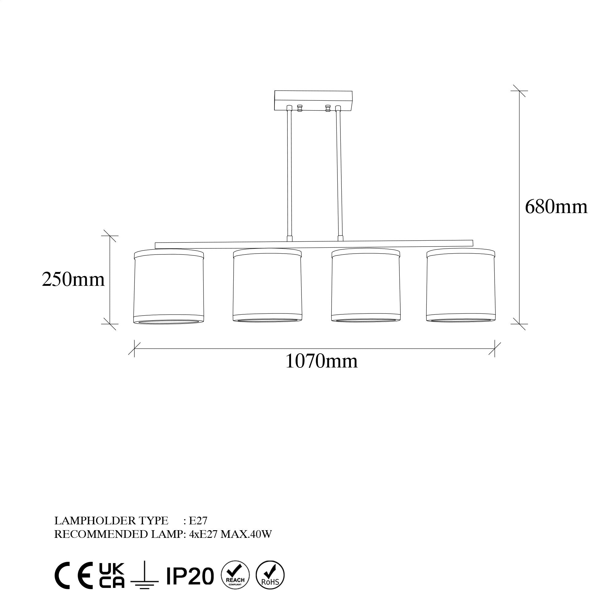 Candeeiro de Teto Escandinavo Moderno, Preto e Branco, 107 x 20 x 68 cm | Corpo em Metal, Altura Ajustável, 4 Soquetes E27 | Iluminação Elegante para Decoração de Casa