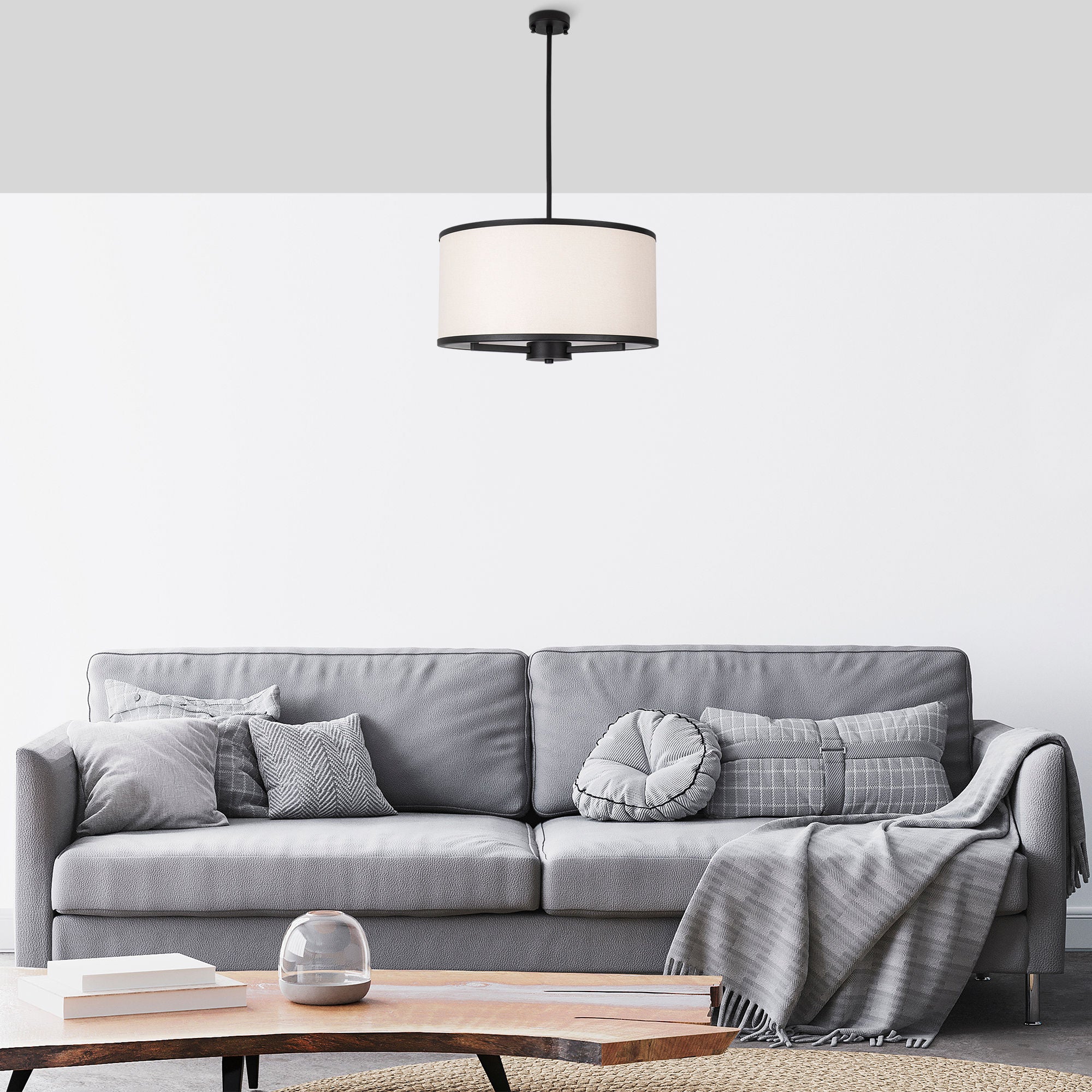 Candeeiro de Teto Escandinavo Moderno, Preto e Branco, 50 x 50 x 84 cm | Corpo em Metal, Altura Ajustável, 3 Soquetes E27 | Iluminação Elegante para Decoração de Casa