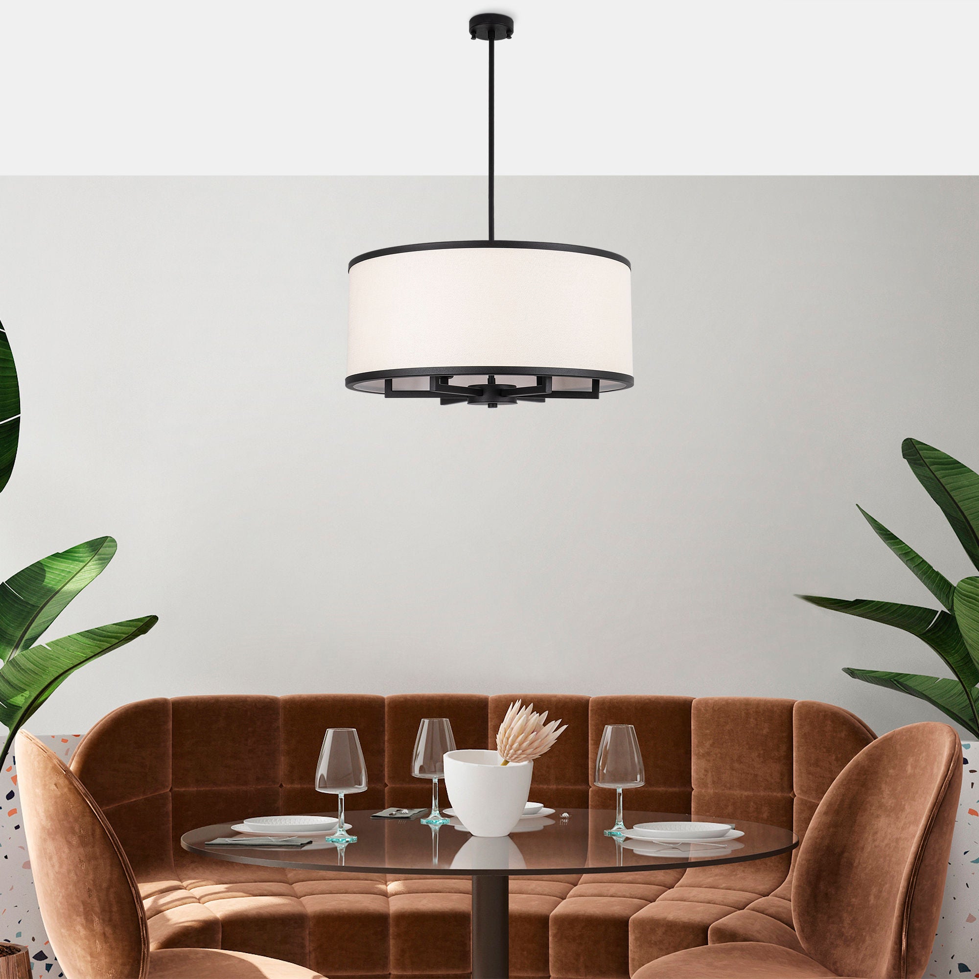 Candeeiro de Teto moderno preto e branco, tampa de tecido de 60 cm, altura ajustável, corpo de metal, 6 x E27 máx. 40 W, design escandinavo elegante para decoração de casa