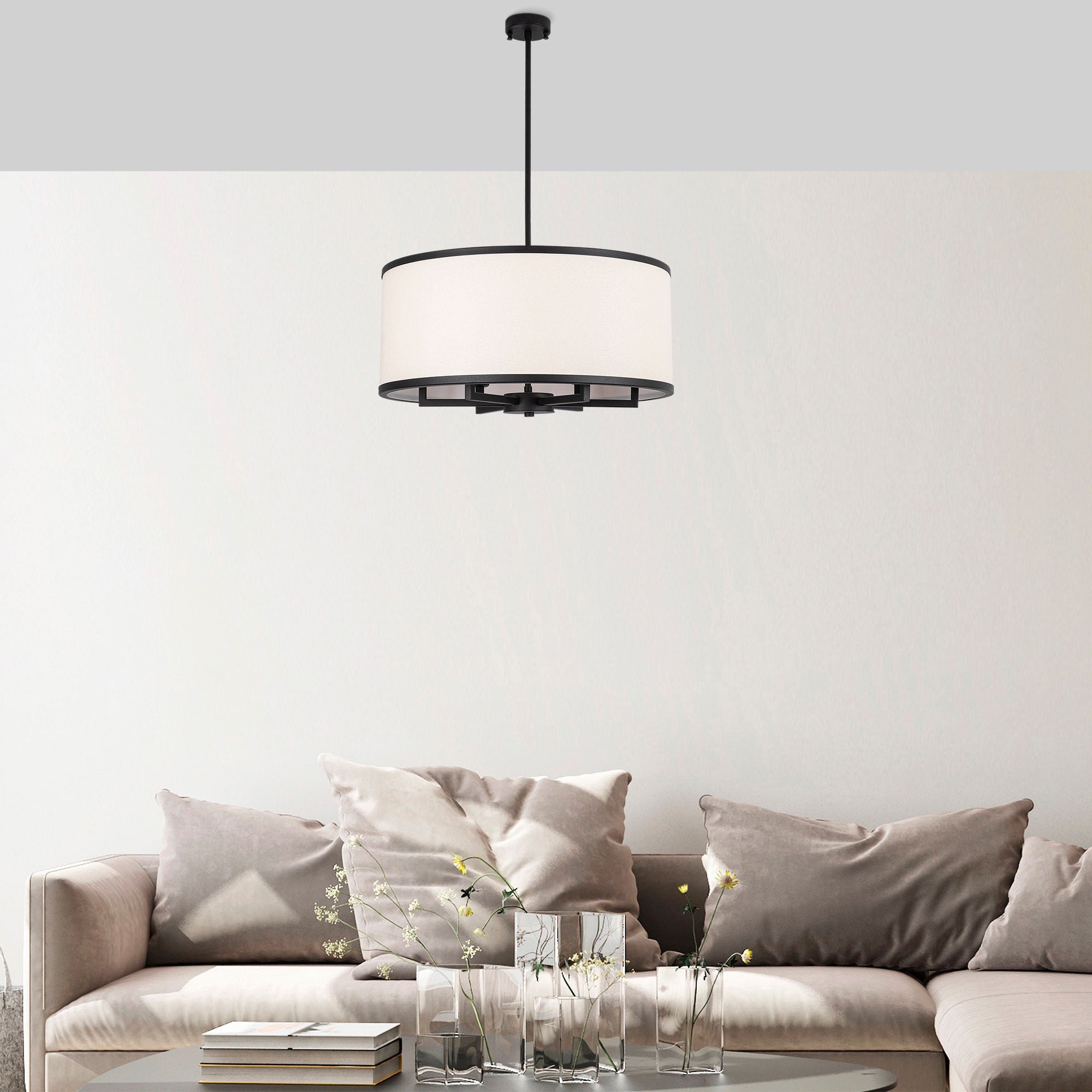 Candeeiro de Teto moderno preto e branco, tampa de tecido de 60 cm, altura ajustável, corpo de metal, 6 x E27 máx. 40 W, design escandinavo elegante para decoração de casa