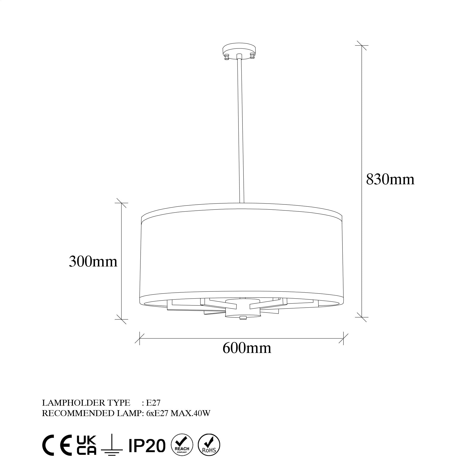 Candeeiro de Teto moderno preto e branco, tampa de tecido de 60 cm, altura ajustável, corpo de metal, 6 x E27 máx. 40 W, design escandinavo elegante para decoração de casa